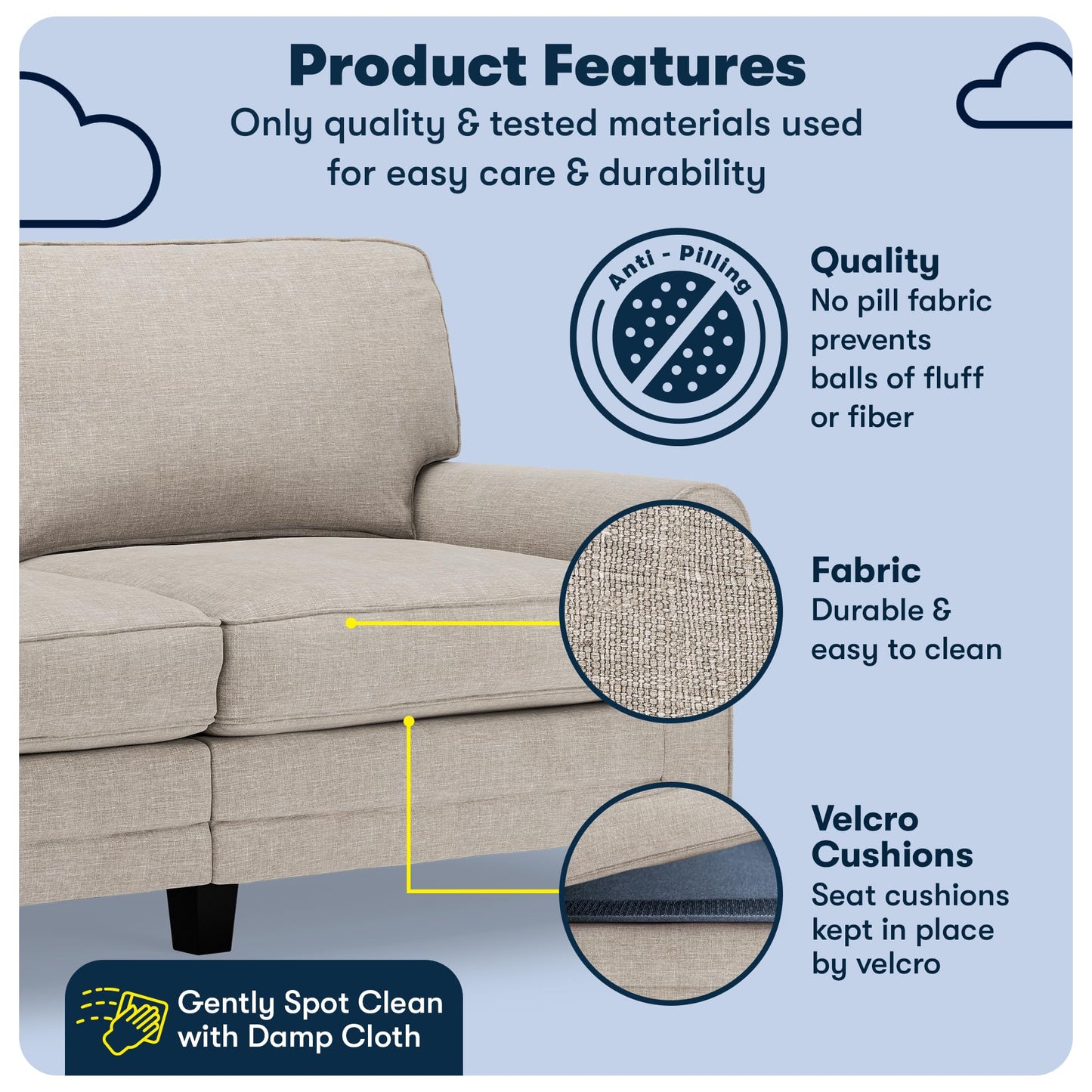 Serta Copenhagen 73" Rolled Arm Sofa, Easy Care Polyester, Soft Pillow Back, Pocket Coil Seat Cushions, Removable Covers, Loveseat or Couch for Small Spaces, Living Rooms or Bedrooms, Light Gray
