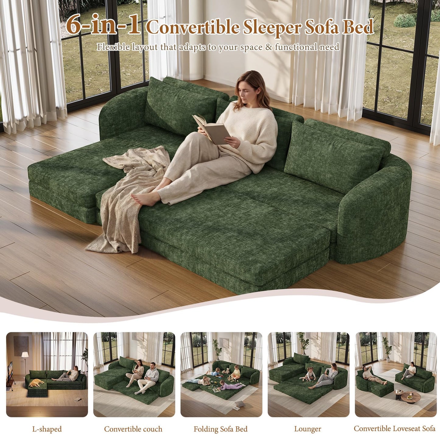 Vesgantti 110.2" Modular Sectional Sofa with Curved Armrest, 6 in 1 Convertible Folding Sleeper Sofa Bed, Chenille Boneless Couch for Living Room, No Assembly Required, Green, Left Facing Chaise