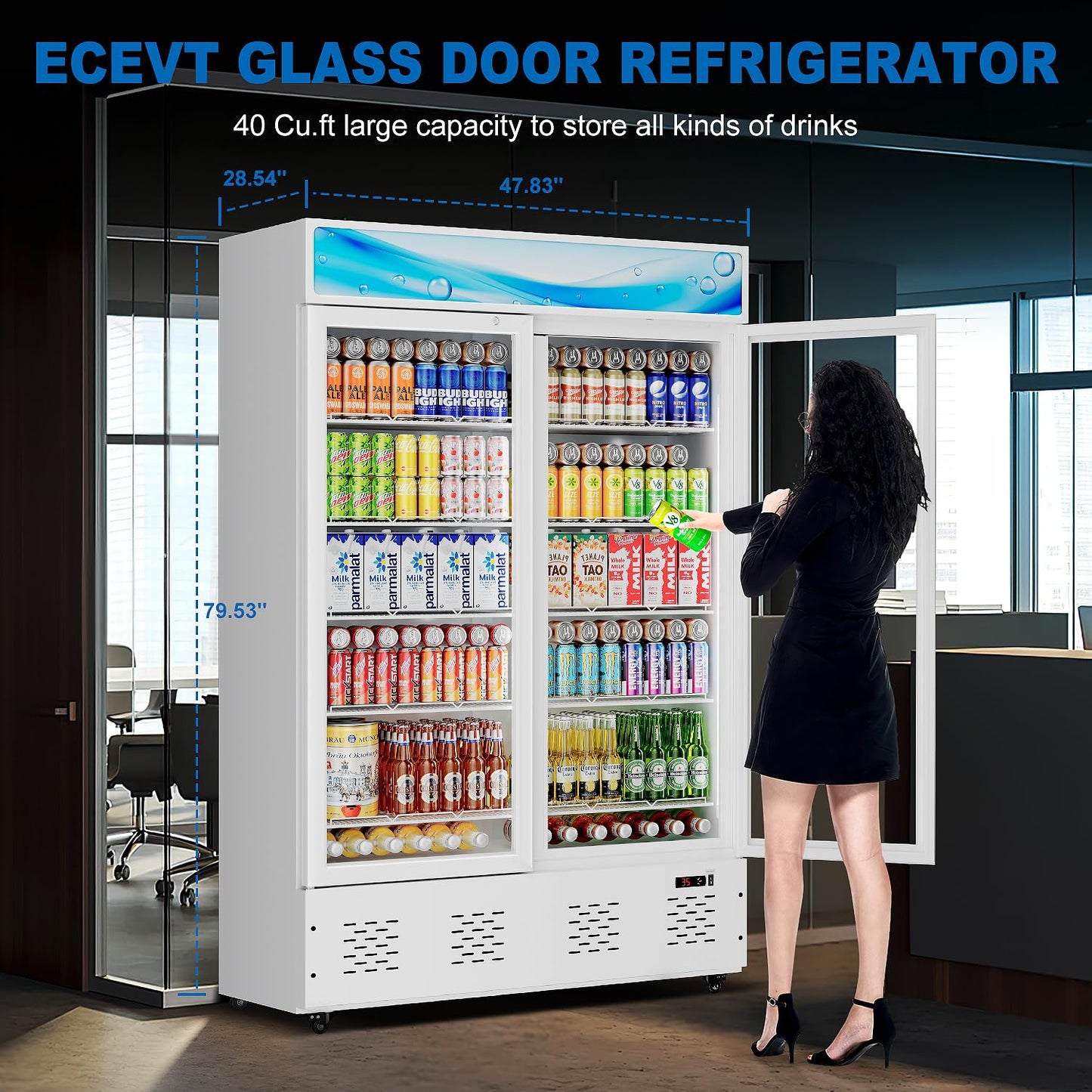 ECEVT 47.8'' W Commercial Beverage Refrigerators, 40 Cu.ft Glass Door Refrigerator Commercial Cooler with LED Light and 10 Shelves, Display Refrigerator for Restaurant Store Cafe Bar, White