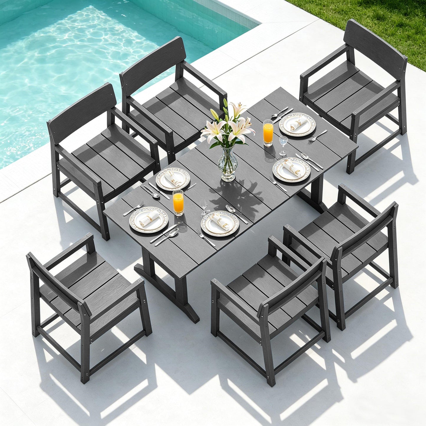 Shintenchi 7 Pieces Outdoor Dining Set,HDPE Outdoor Table and Chairs Set for 6,All Weather Patio Furniture Sets with Umbrella Hole,Modern Wooden Textured Dining Sets for Backyard,Garden,Dark Grey