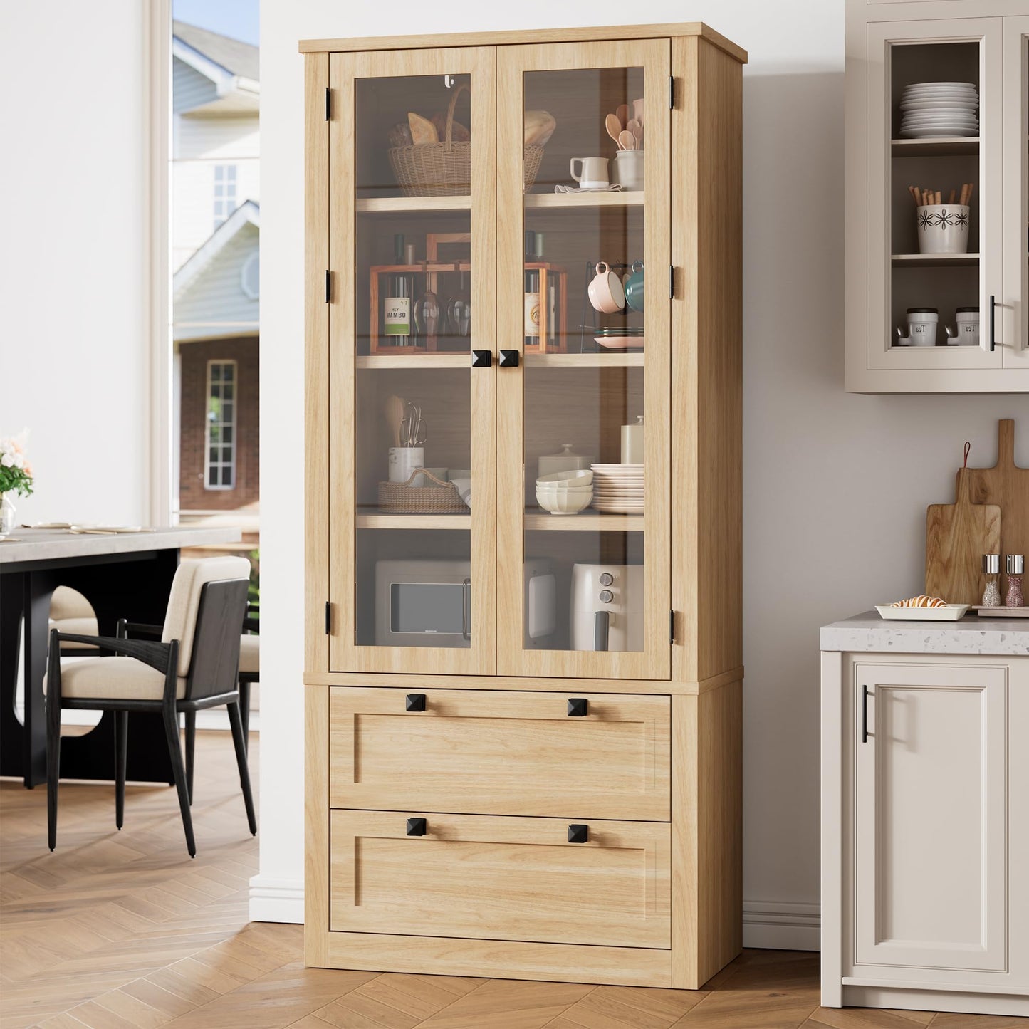 71" Tall Kitchen Pantry Cabinet - Modern Display Storage Cabinet with 2 Large Drawers, Glass Doors, and Adjustable Shelves, Farmhouse Kitchen Cupboard for Dining Room, Bathroom, Living Room, Natural