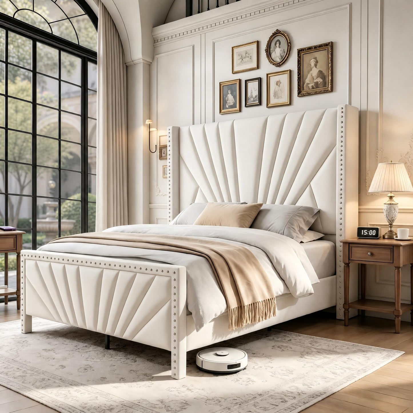 Narolabo Queen Size Bed Frame with 55" Tall Wingback Headboard, Velvet Upholstered Platform Bed, Sturdy Wood Slat Support, No Box Spring Needed, Noise-Free, Easy Assembly, Cream White