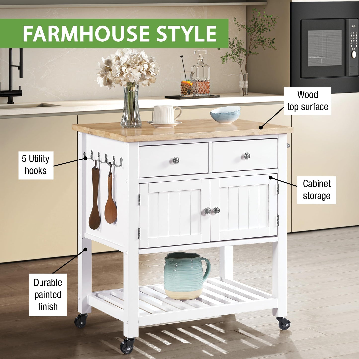 OSP Home Furnishings Stirling Farmhouse Kitchen Cart, Rolling Storage Cabinet with Drawers, Shelf, 5 Utility Hooks, White with Wood Top