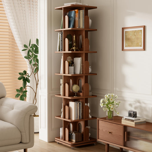 DONGMUWUJEE Solid Wood Rotating Bookshelf Tower with Book Ends, 6 Tier Corner Book Shelf with Wheels, Spinning Bookshelf Kids, Revolving Bookcase Shelf, Tall Narrow Book Case for Small Spaces, Walnut