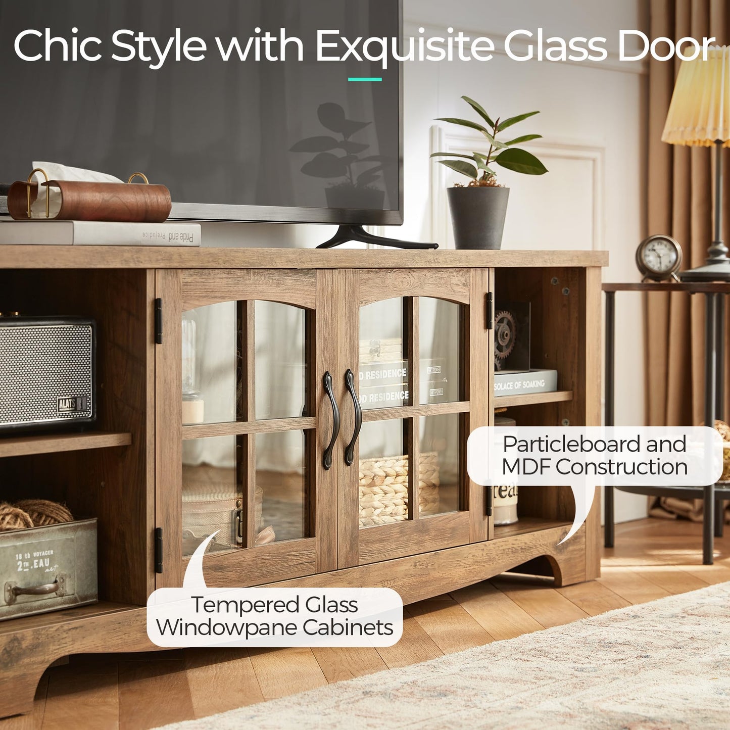 LINSY Home Farmhouse TV Stand for 65 Inch TV, Wood Entertainment Center with Glass Door Storage Cabinet & Adjustable Shelves, Large Sturdy Console Table for Living Room & Bedroom