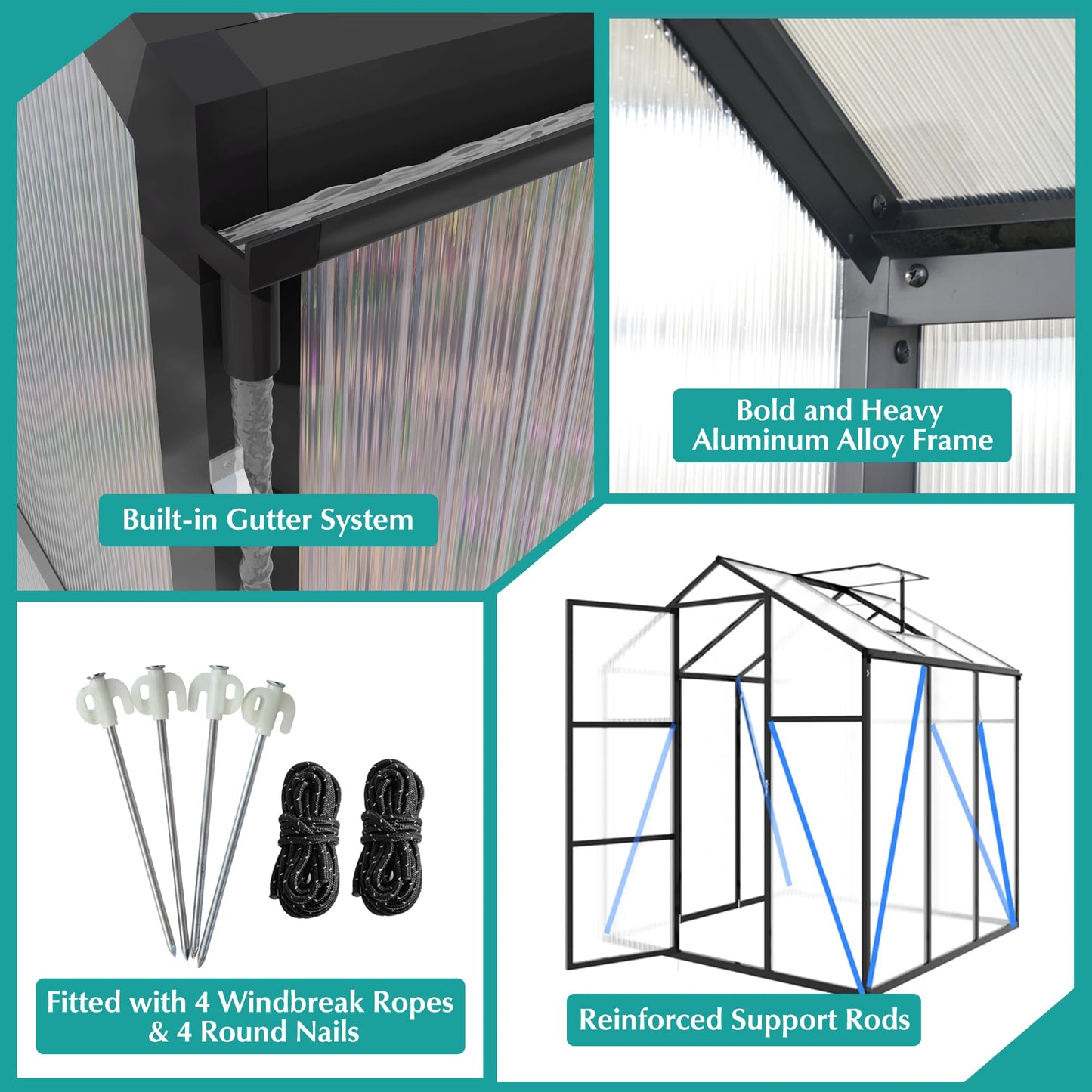 Walk-in Greenhouse 6x14FT, Aluminum Frame Polycarbonate Green House Kit, Heavy-Duty Plant Shelter with Vent Windows & Drainage System, UV Resistant Outdoor Garden Greenhouse for Vegetables Flowers