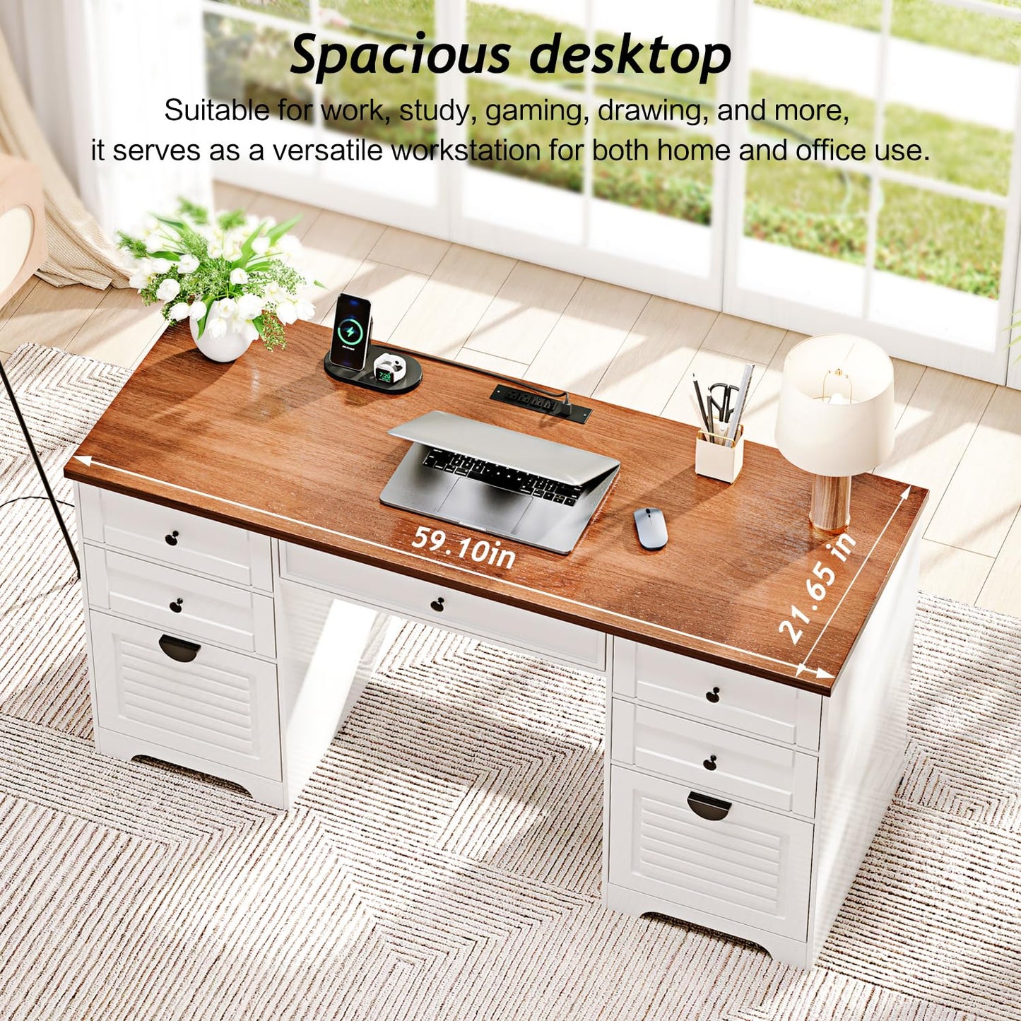Ieejdn 59" Home Office Desks, Executive Desk, Farmhouse Computer Desk with 7 Drawers and Charging Station, File Drawer, Rustic Computer Writing Desk,Antique Cream