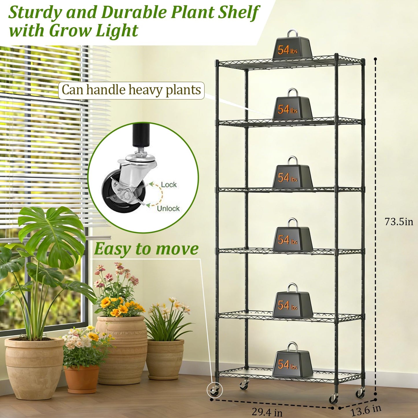 Plant Shelf with Grow Light, DIY 6-Tier Plant Stand with Grow Light, Adjustable Rack and Wheels, 8 Pack 24" 192W T8 Full Spectrum Grow Lamp for Indoor Plants, Seed Starting, Vegetable, 29"x13.5"x73.5"