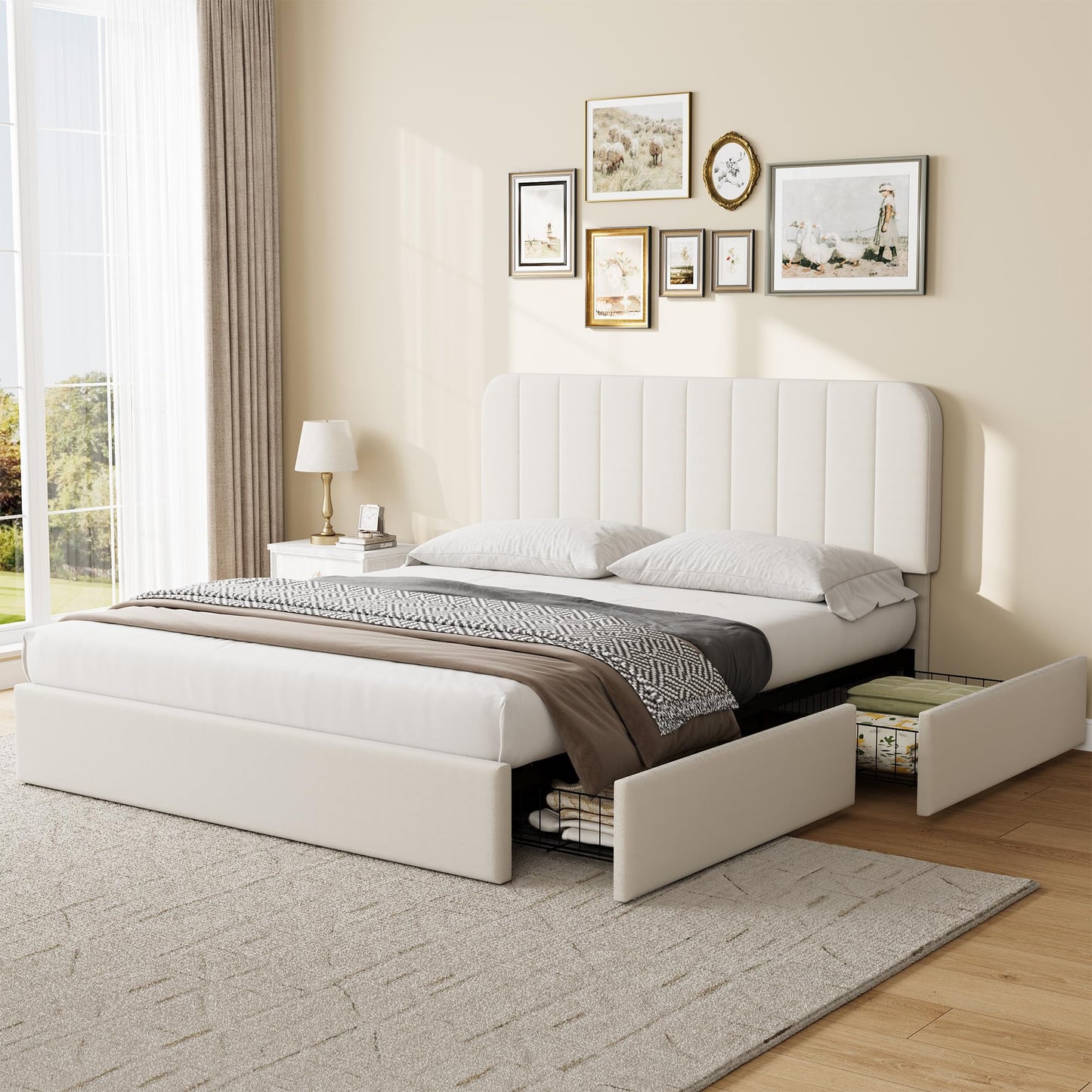 GarveeHome Queen Size Bed Frame, Velvet Upholstered Storage Bed with 4 Drawers, Adjustable Headboard, Modern Bedroom Furniture, Beige