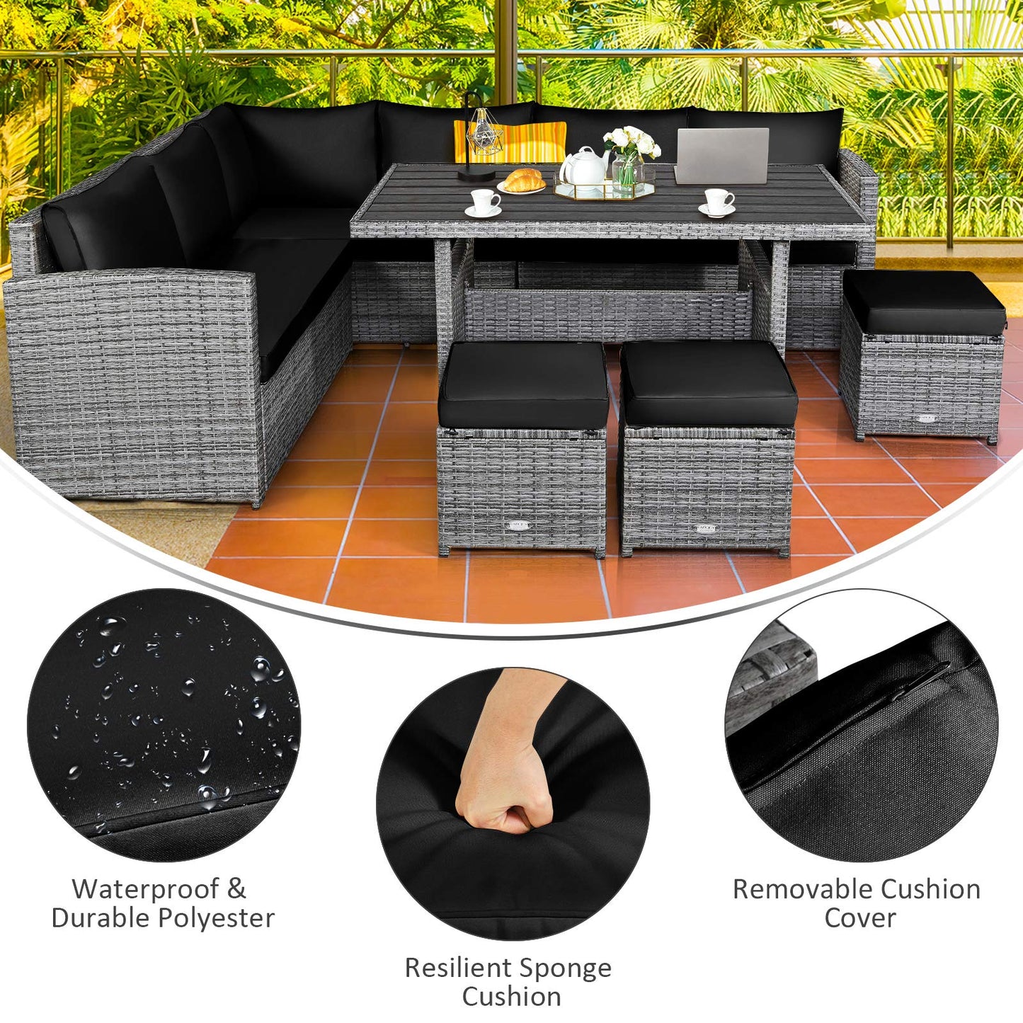 Tangkula 7 Pieces Patio Furniture Set, Outdoor Sectional Rattan Sofa Set with Cushions, All Weather Wicker Conversation Couch Set w/Dining Table & Ottomans for Backyard Garden Poolside (Black)