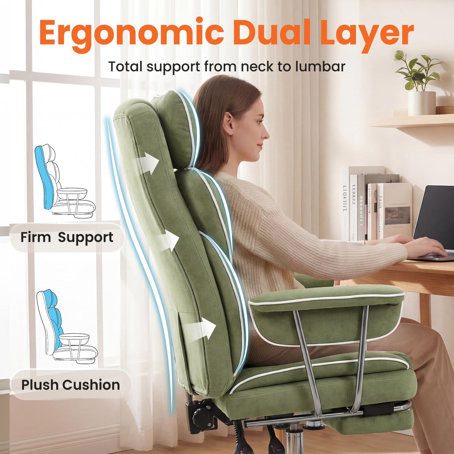 NEO Chair Big and Tall Offie Chair Gaming Computer Chair High Back Heavy Duty Desk Chai with Lumbar Support Adjustable Recliner Footrest Wide Seat Fabric Executive Home with Wheels (Fabric Green)