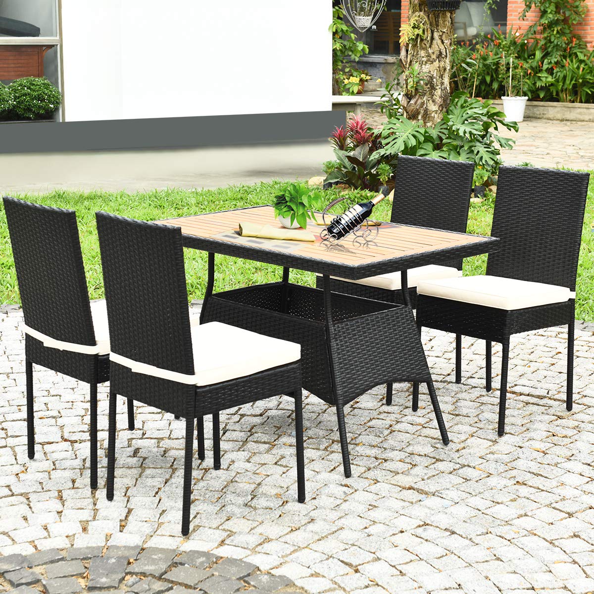 Tangkula 5 Piece Wicker Patio Dining Set, Outdoor Rattan Table & Chairs Set with Padded Cushions, Patio Furniture Dining Acacia Wood Table Set for Balcony Patio Garden Poolside