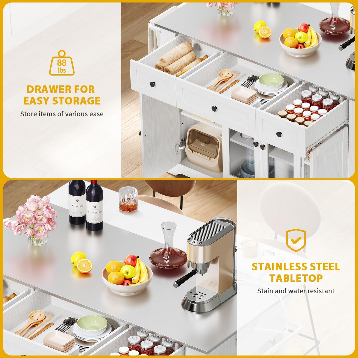 DWVO Kitchen Island with Stainless Steel Top & Power Outlet, 60 Inch Kitchen Island on Wheels with Drop Leaf, Large Rolling Mobile Center Islands w Storage Drawer Cabinet Counter Metal Top, White