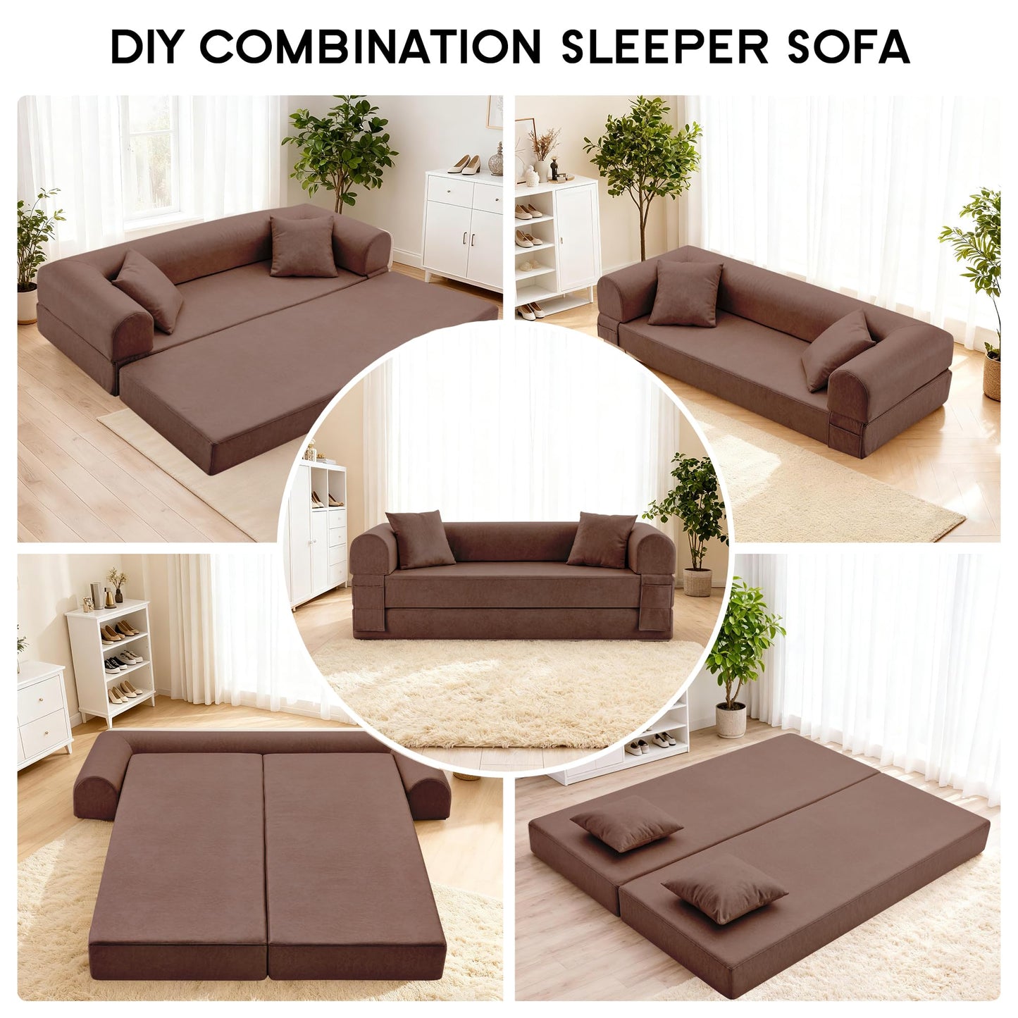 78.5" Convertible Sleeper Sofa Bed, Faux Leather Deep Seat Folding Floor Sofa with Pullout Bed & 2 Pillows, No Assembly Modern Boneless Couch Compression Sofa in Box for Living Room, Office, Brown