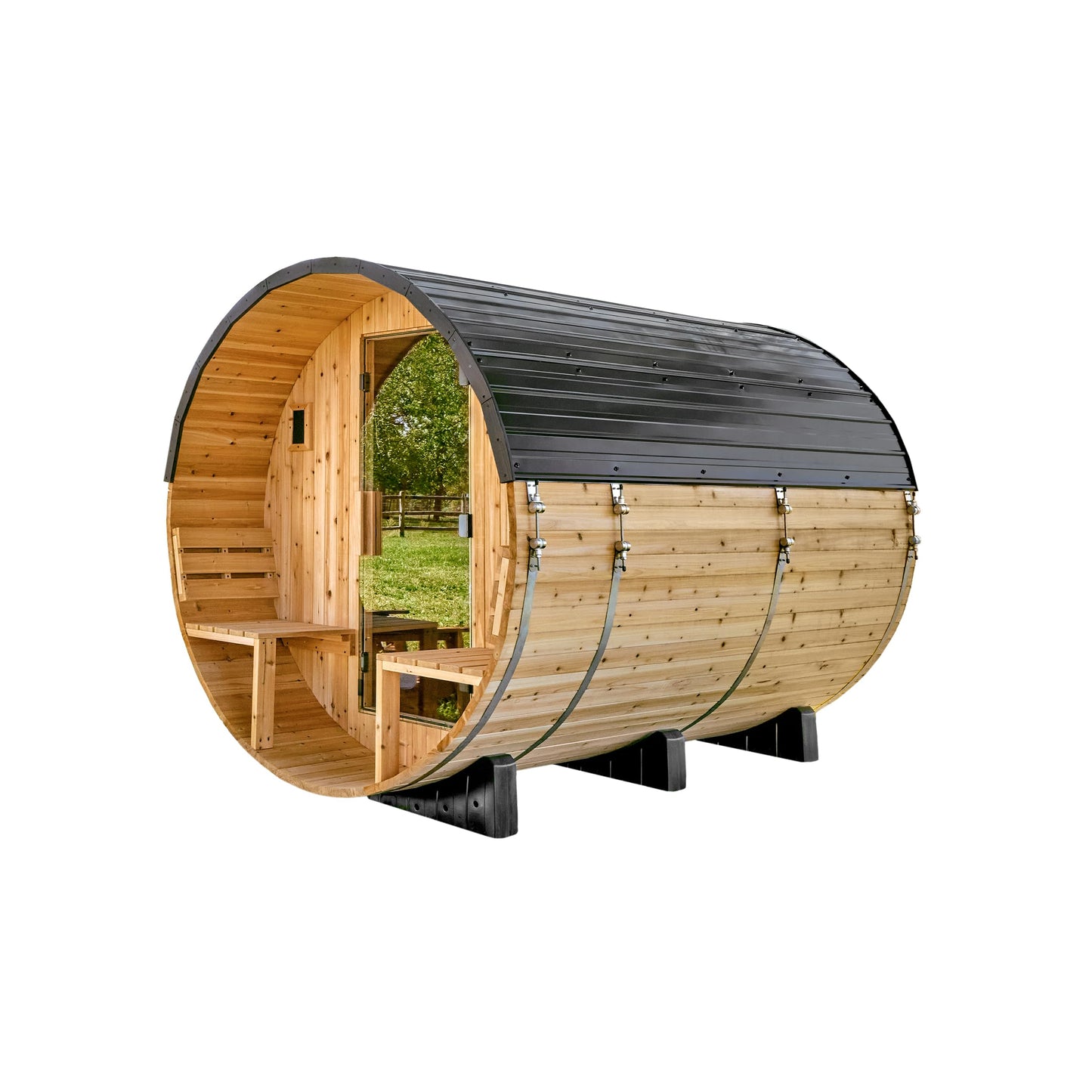 Backyard Discovery Paxton 4-6 Person Traditional Cedar Outdoor Barrel Sauna with Electric Sauna Heater, Front Porch, Sauna Rocks, Dry Heat, Steam Sauna, LED Lights, Wi-Fi Panel, Sauna Accessories