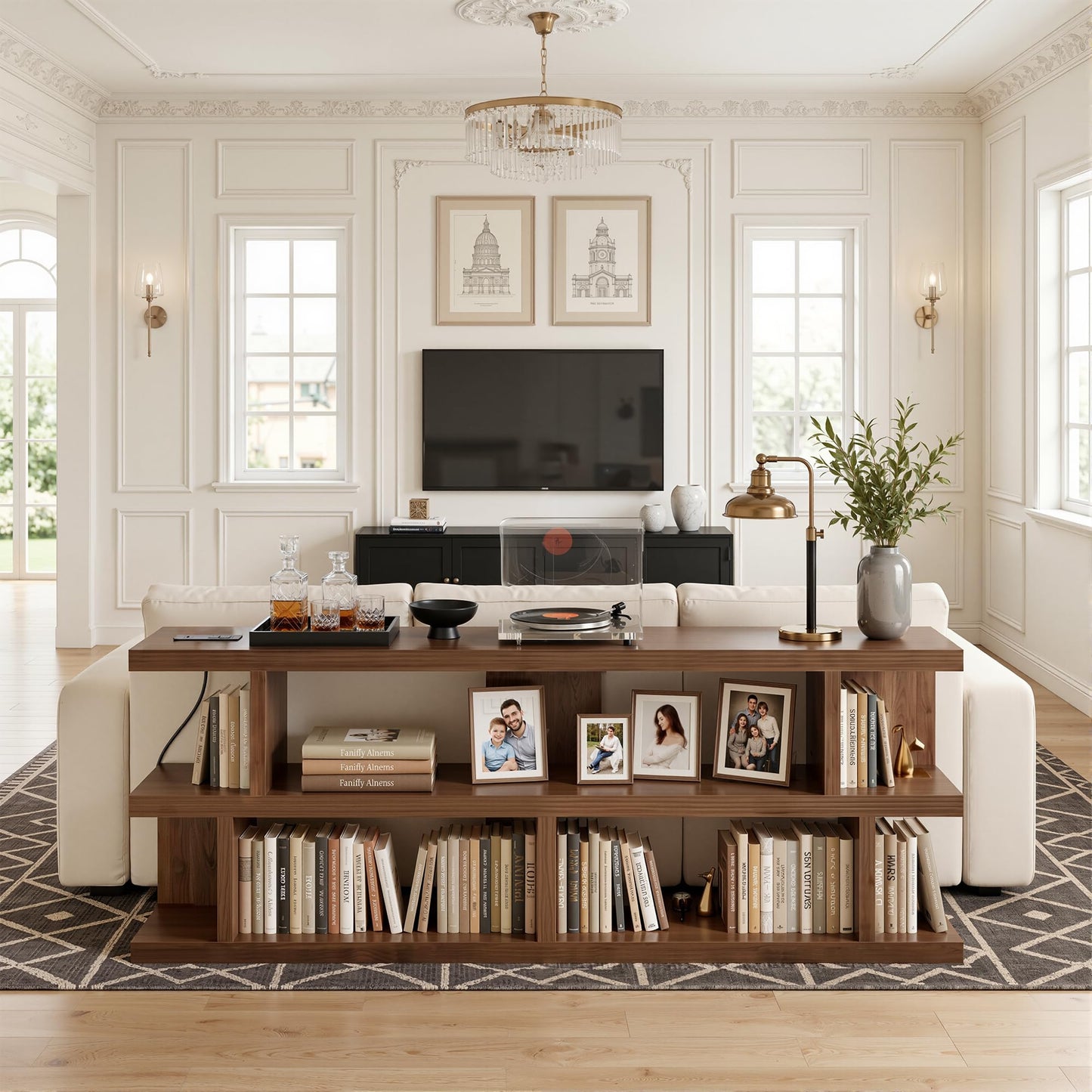 TIQLAB 71 Inch TV Stand Console Table with Power Outlets, Black Walnut