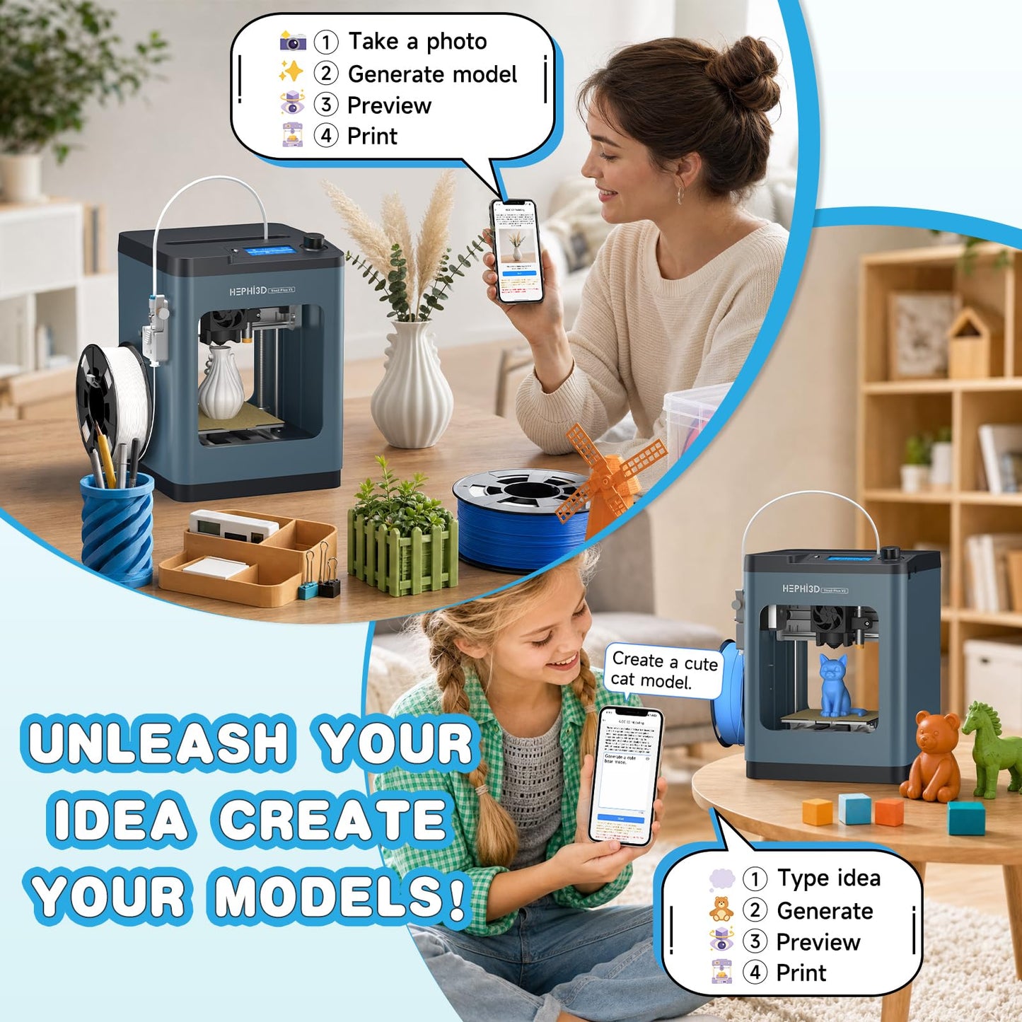 HEPHi3D Tina2 Plus 3D Printer for Beginner & Kids, Fully Assembled 3D Printers with Smart APP, 250mm/s High Speed Auto Leveling High Precise Kids Mini 3D Printer, Open Source for Home, Office, School