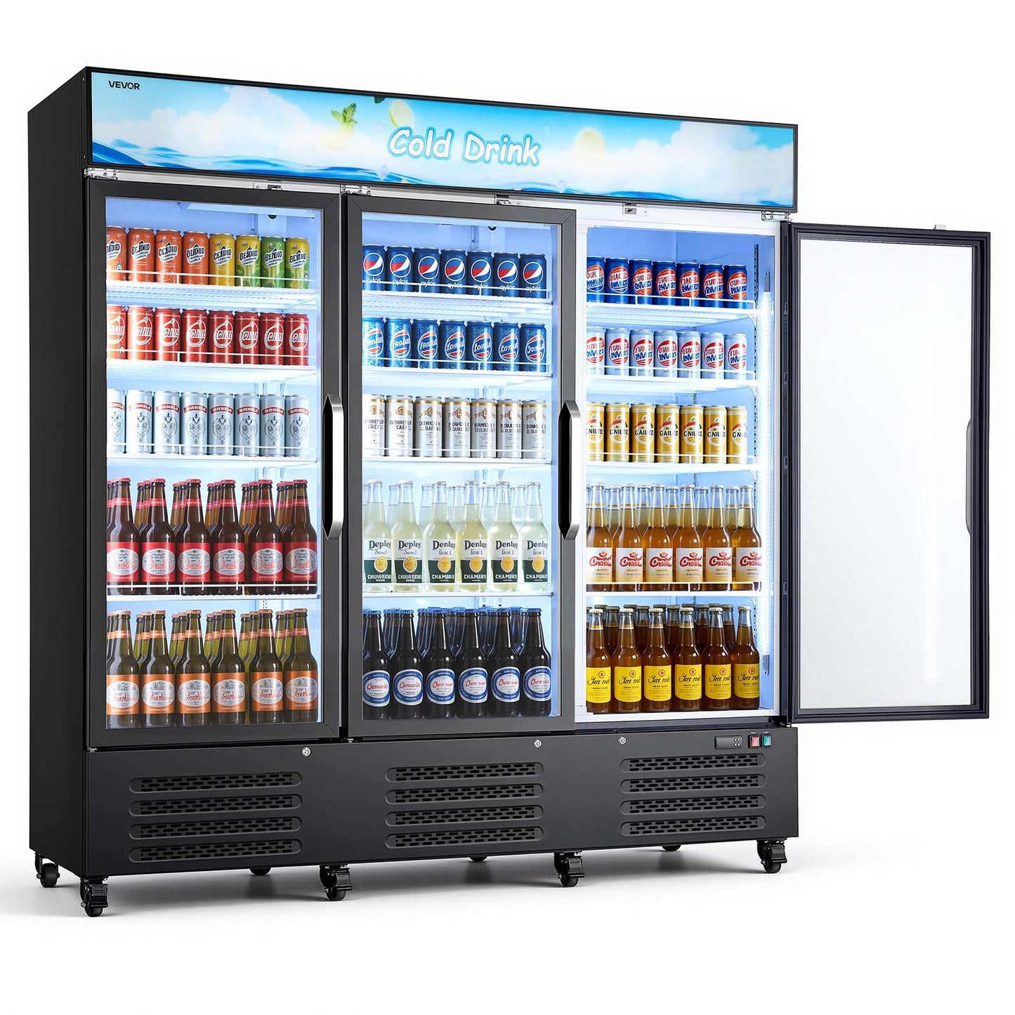 VEVOR Commercial Merchandiser Refrigerator, 54.3 Cu.Ft / 1538L Upright Beverage Cooler, 3 Glass Door Display Refrigerator with Customizable Lightbox, 12 Adjustable Shelves, Soft LED Lighting & Casters