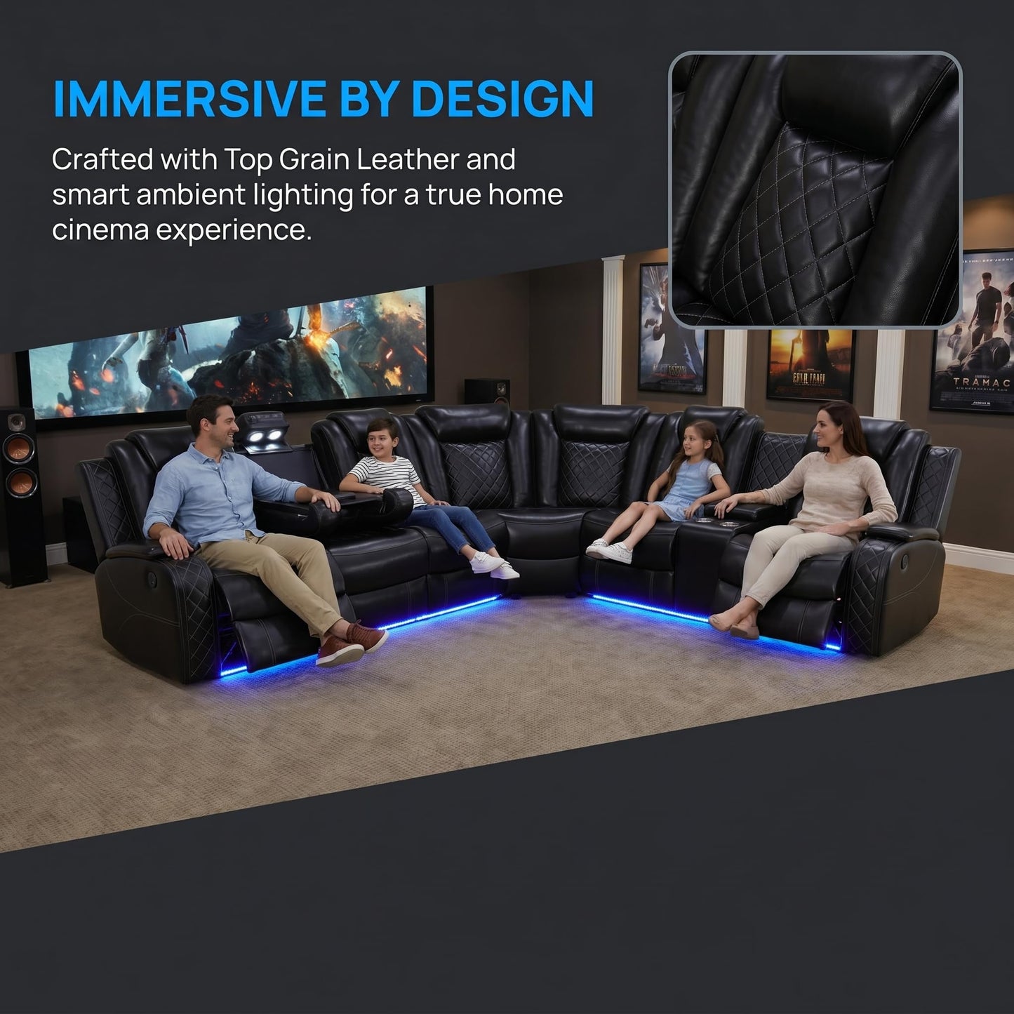 Trygoal Power Reclining Sectional Sofa Set, Modern L-Shaped Couch with USB Charging, 4 Seat Power Reclining Sofa, Reclining Sectional Couches for Living Room, Home, Office, Leather, Black