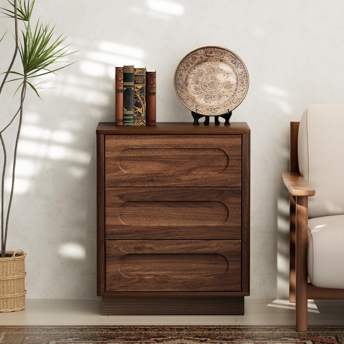 Aoikax Modern 3 Drawer Nightstand X 2P with Push-to-Open Drawers, Mid-Century Bedside Table with Raised Base for Bedroom, Oval Groove Panel Front, Dark Walnut Color