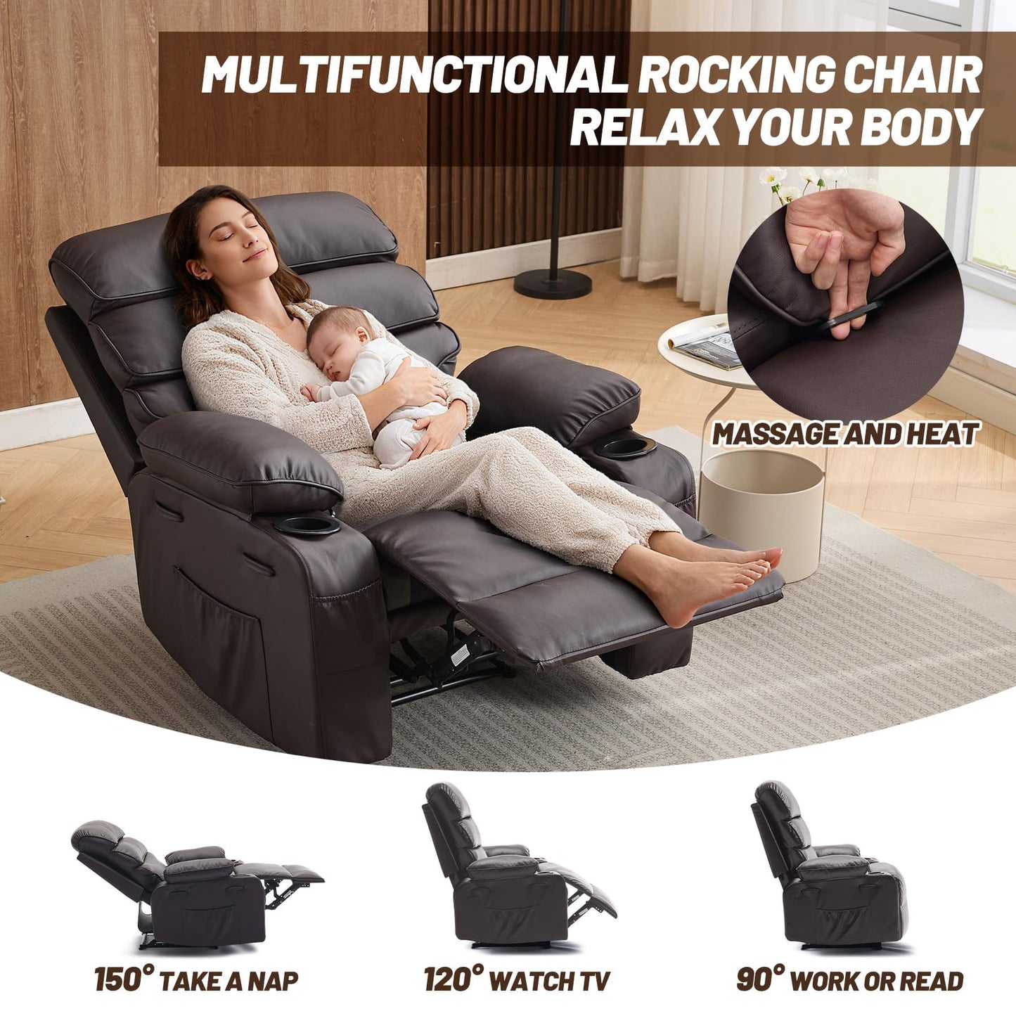 Garvee PU Leather Manual Recliner Chair with Massage and Heat, 27" Extra Wide Seat, 400 lbs Capacity, Thickened Sponge Armrests and Back, Cup Holders & Side Pocket, Living Room or Bedroom, Dark Brown