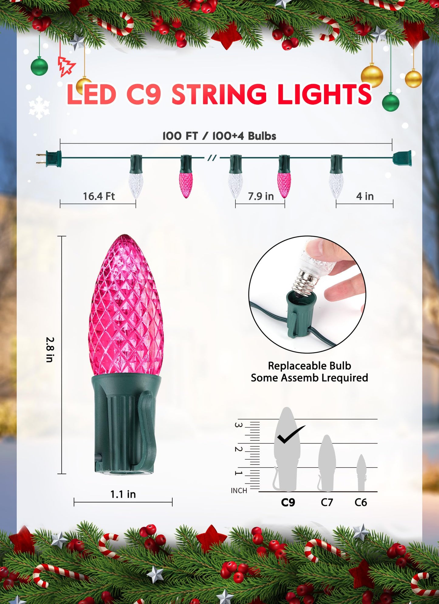 Minetom C9 Christmas String Lights, 100 LED, 100 FT, Waterproof, Pink and Pure White, Model GYPI-O100LAU