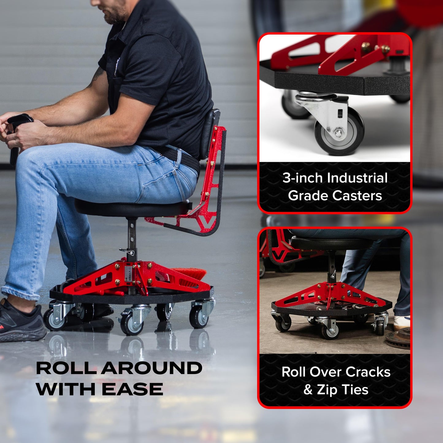 Vyper Robust Steel Sport Shop Chair for Mechanics, Automotive, DIY - Made in USA - 300 lb Capacity Garage Stool with Backrest & Large Wheels (Black Seat, Red Frame)