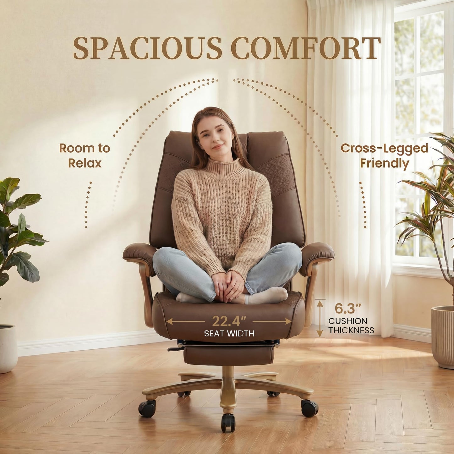 EXCEBET Big and Tall Office Chair 400lbs Wide Seat, Ergonomic Executive Desk Office Chair with Footrest, High Back PU Leather Chair with Lumbar Support, Padded Armrests, Heavy Duty Base, Brown