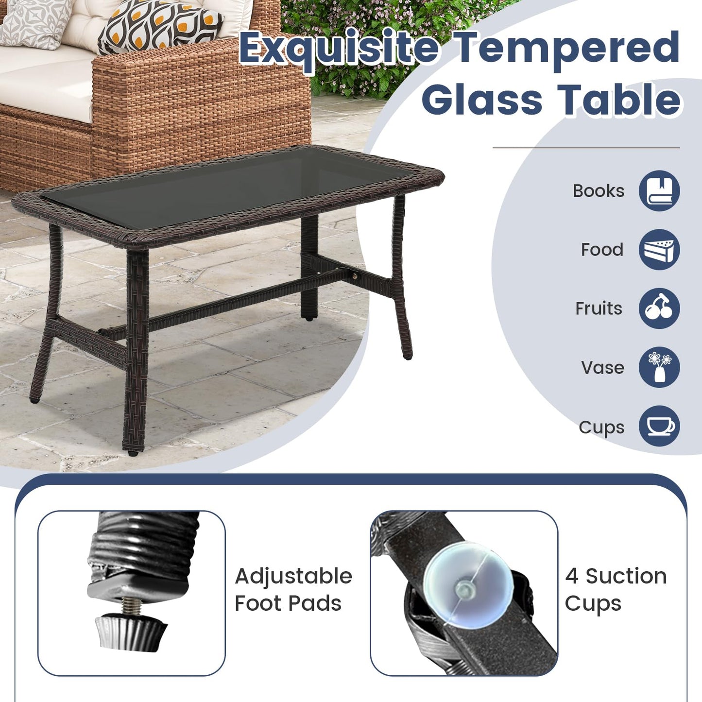 HAPPYGRILL 4-Piece Rattan Patio Conversation Set with Tempered Glass Coffee Table, Comfortable Wicker Loveseat & Chairs for Poolside, Courtyard, Balcony