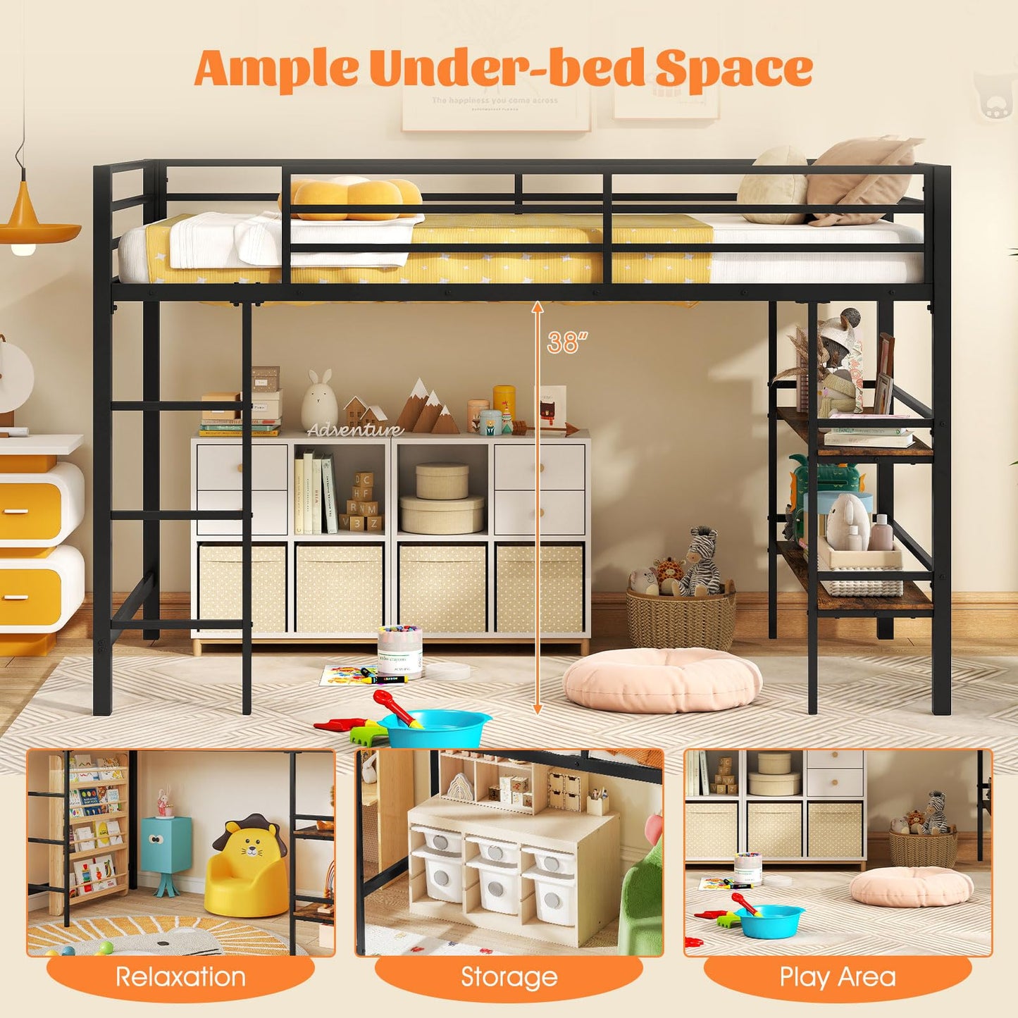 Giantex Low Loft Bed Twin Size, Heavy Duty Metal Frame w/Storage Shelves, Ladder & Full-Length Guardrails, Ample Under-Bed Space, Kids Loft Bed with Stairs for Boys Girls Junior, No Box Spring Needed