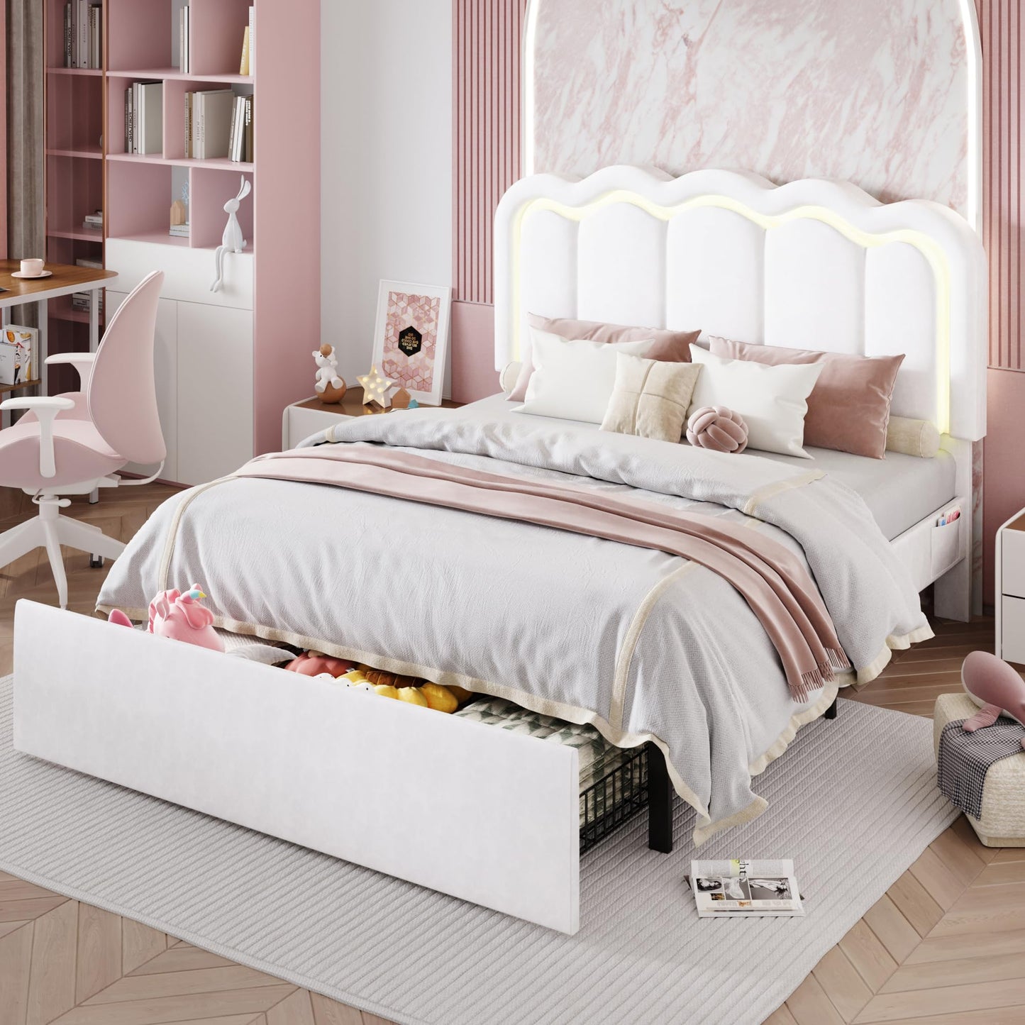 SHA CERLIN Upholstered Full Size Bed Frame with LED Lights and Large Storage Drawer, Velvet Platform Bed with Adjustable Wavy Headboard, Noise Free, Easy Assembly, No Box Spring Needed, Soft White