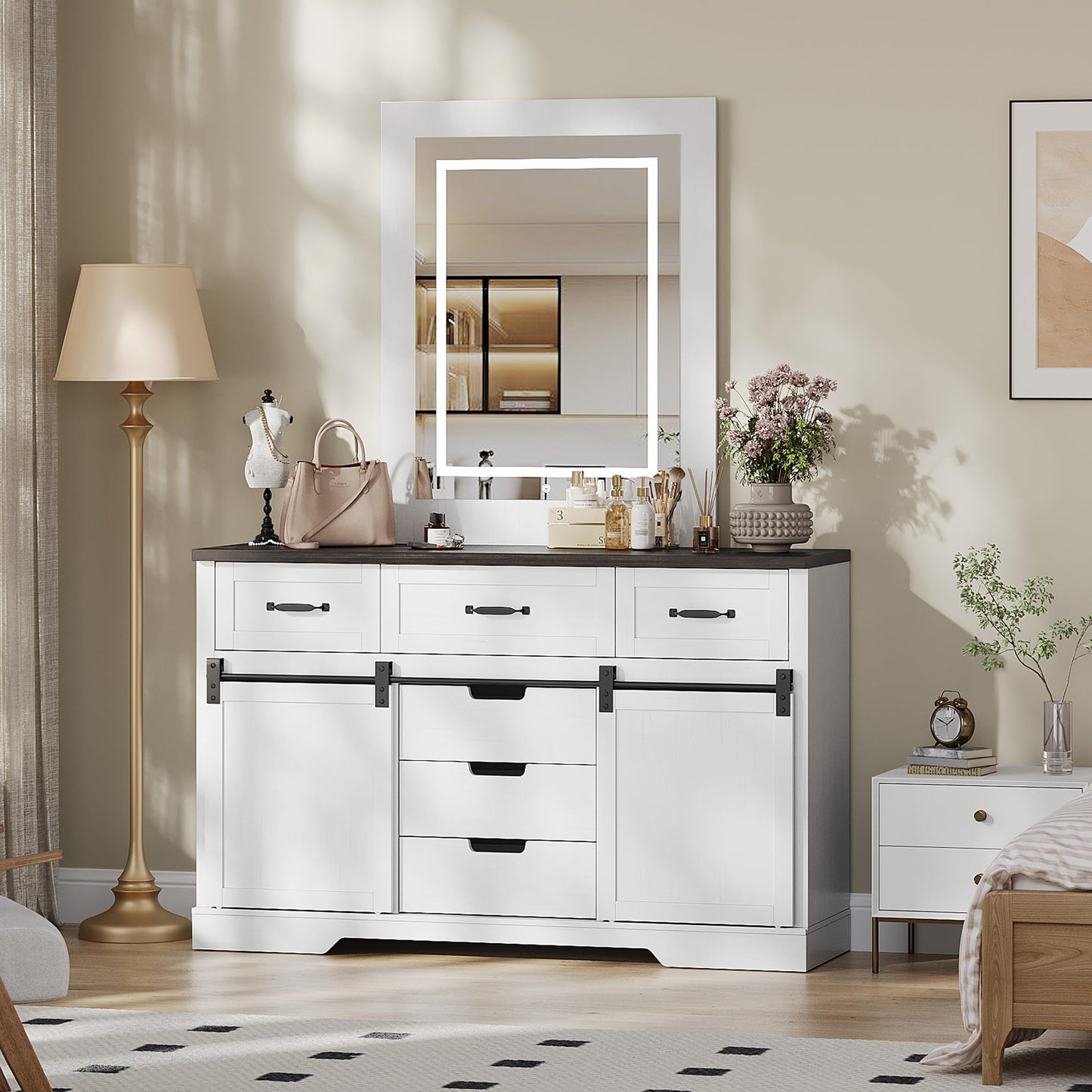 GarveeHome 47.2 in Farmhouse Buffet Cabinet, Sideboard Cabinet with LED Mirror, White Coffee Bar with 6 Drawers for Dinning Room, Kitchen, Living Room