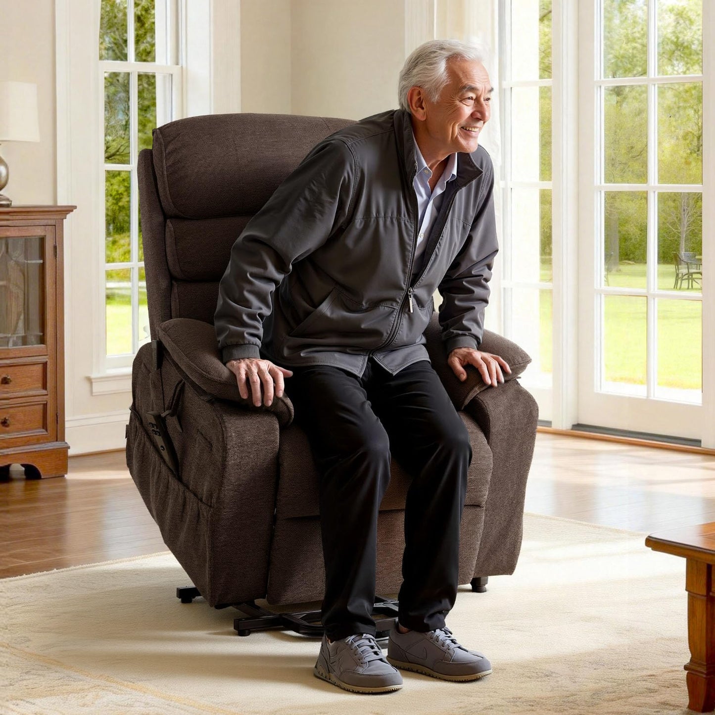 VEVOR Power Lift Recliner Chair, Dual Motor Lift Chair with Heat and Massage for Elderly, Position Adjustable, Remote Control, with Side Pockets, Chenille Fabric, Brown