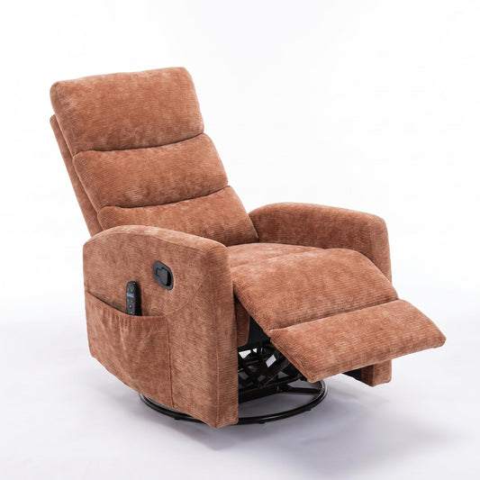 KEIKI Heat Massage Manual Recliner Chair, 360° Swivel Rocker with Lumbar Heat, Chenille Fabric Overstuffed Padding, 3 Massage Modes Timer, Tool-Free 10-Min Assembly for Bedroom Lounge, Orange