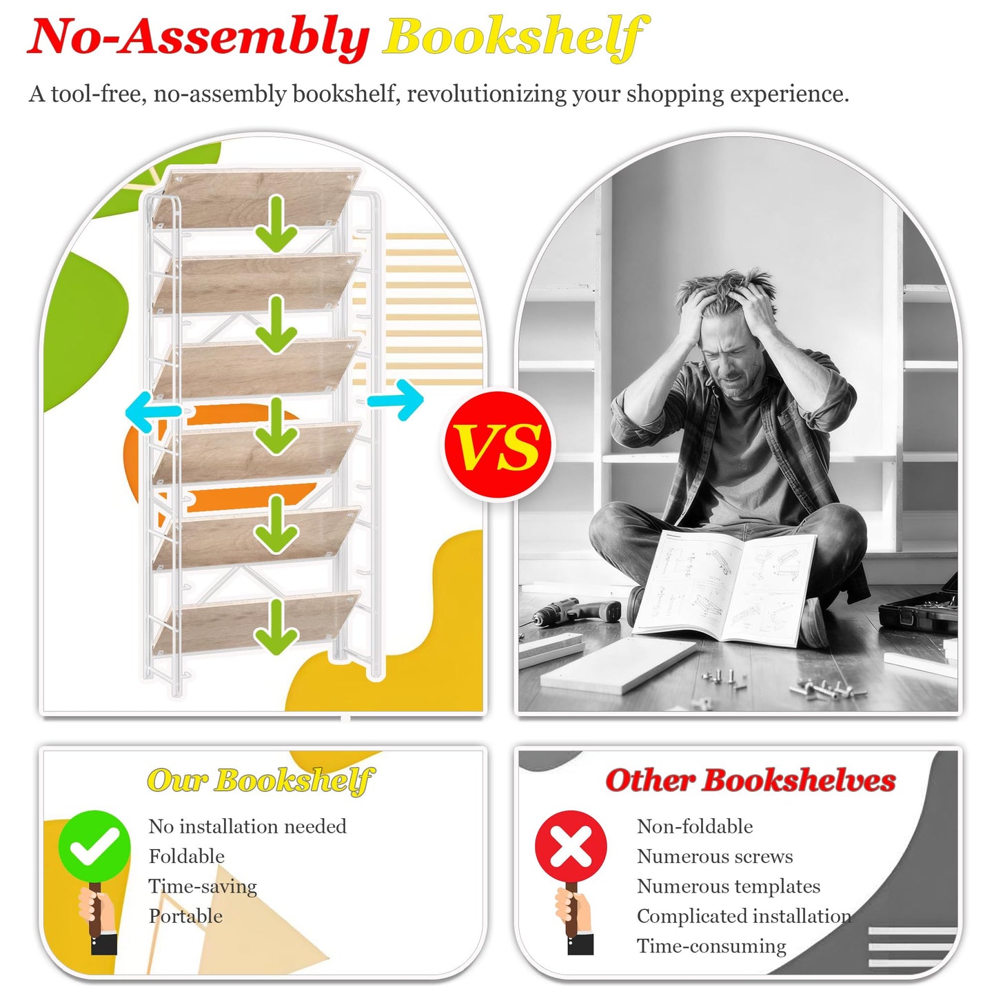 UDD Folding Bookshelf No Assembly, 65" H x 23.7" W, 6 Shelf Foldable Bookcase Industrial Collapsible Bookshelves, Open Storage Book Shelves for Small Spaces Home Office Living Room, Light Oak White