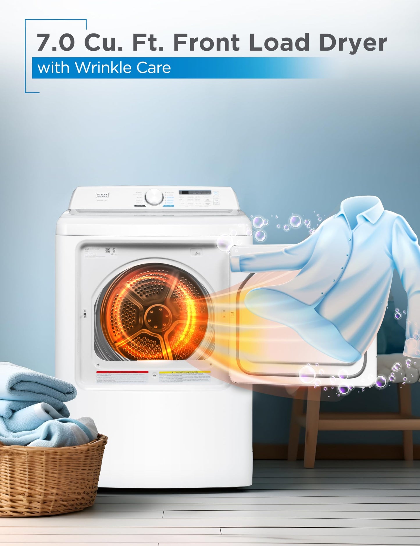 BLACK+DECKER 7.0 Cu. Ft. Front Load Dryer, Electric Clothes Dryer with LED Display and Dial Control, 5 Sensor and Manual Dry Selections, 240V, Requires Professional Installation, BLD67ME, White