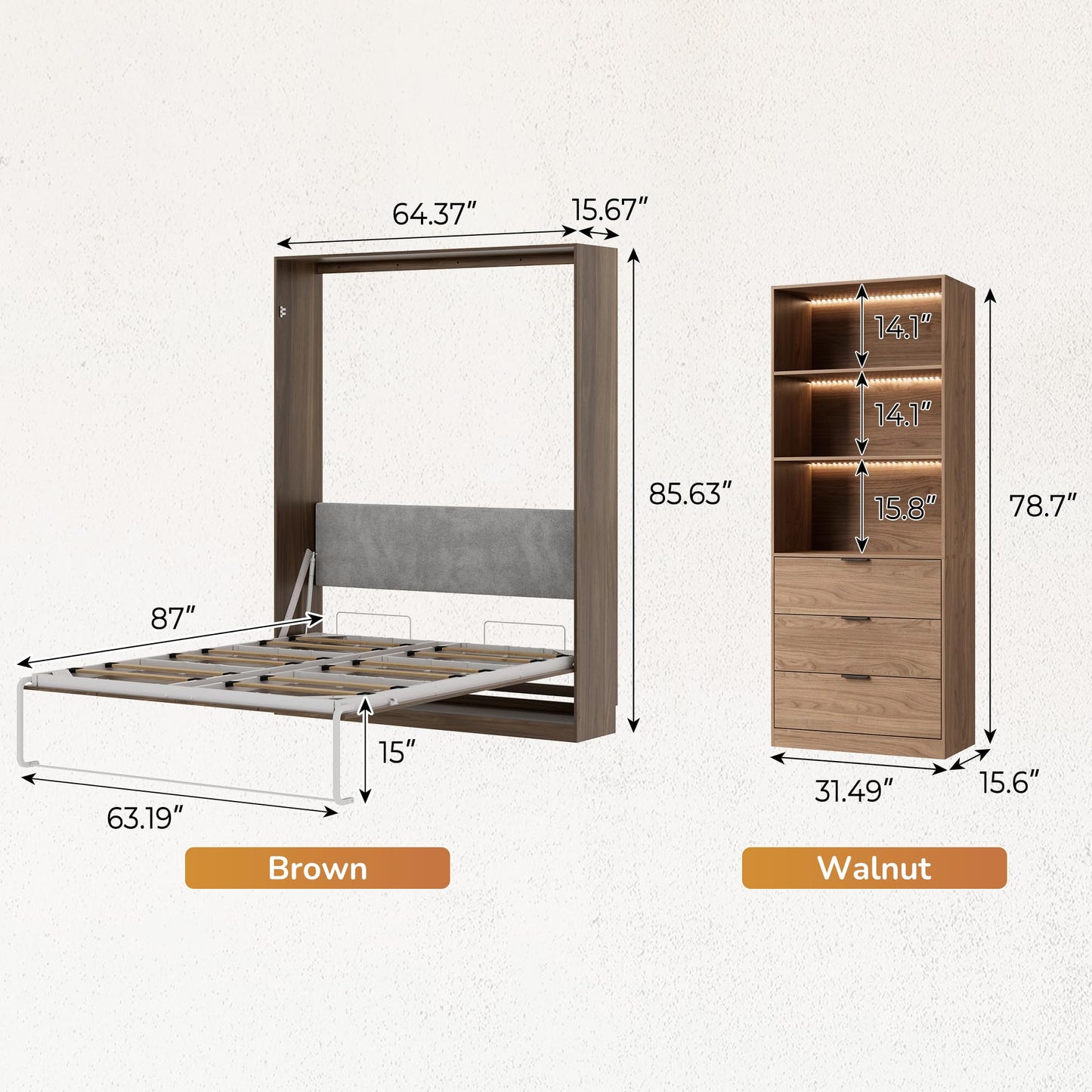 Jiaoun Queen Murphy Bed,Farmhouse Guest Beds,Folding Wall Bed with Hydraulic Bar,64" W Twin Murphy Beds with 2 LED Storage Cabinet for Small Spaces/Offices/Apartments/Guest Room,Brown+Walnut