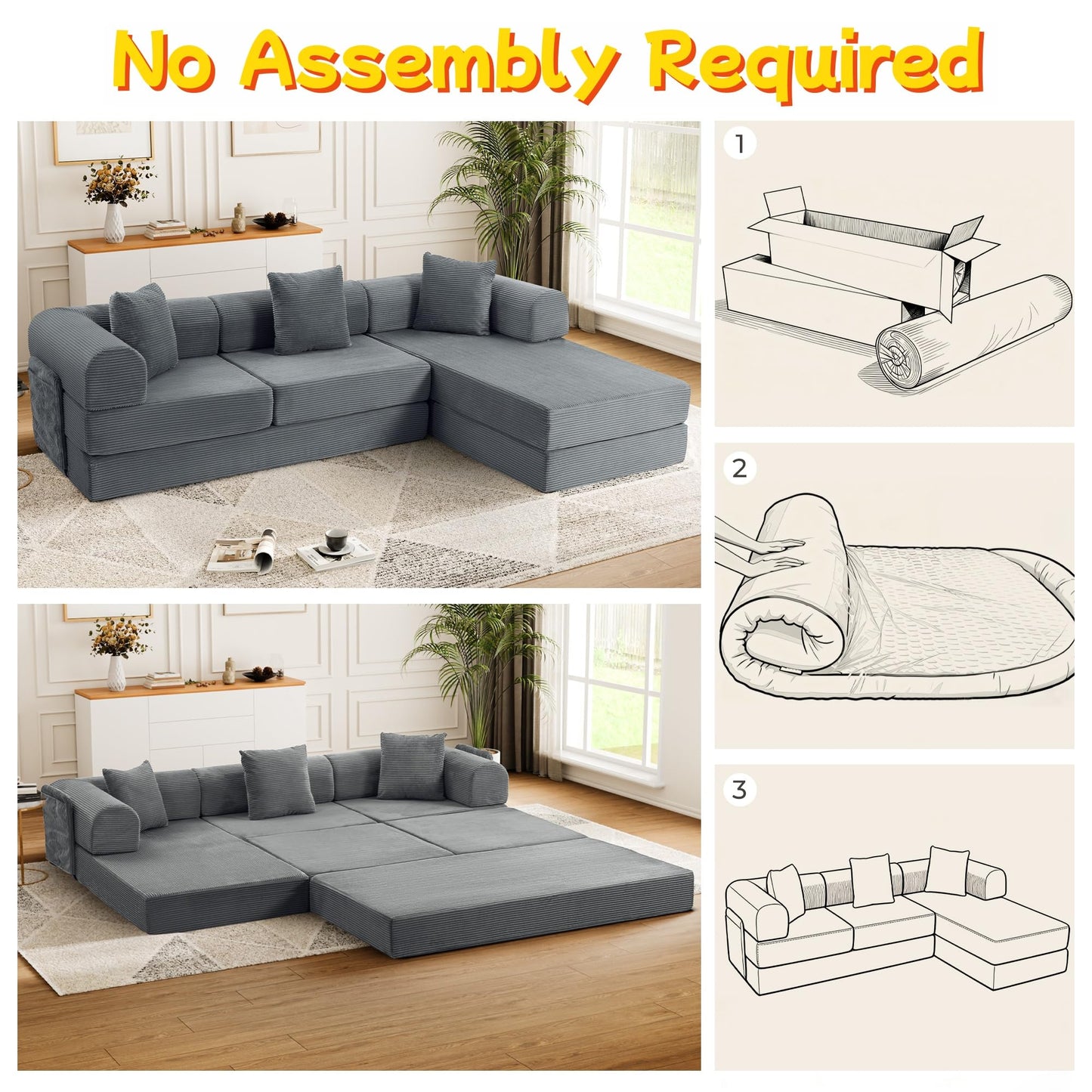 Topcomfy 106.3" Modular Sectional Sleeper Sofa with Metal Frame Support, Convertible 4-Seater L-Shaped Cloud Couch for Living Room, Corduroy Memory Foam Pit Sofa, Gray