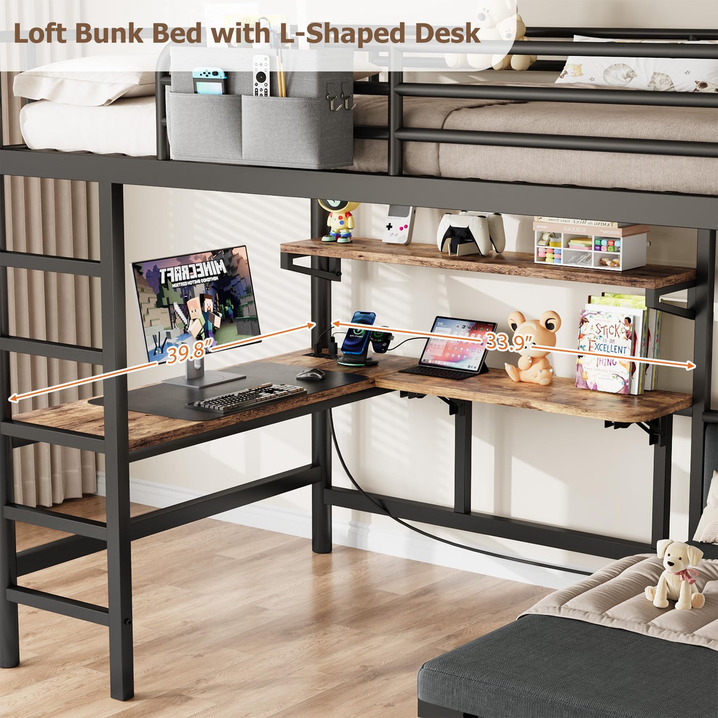 Twin Loft Bed with Pull-Out Folding Bed and Desk, Heavy Duty Metal Bunk Bed Frame with Mattress, Dual-Access Bed, Charging Station, 2-Tier Adjustable Shelves, Safety Guard Rail & Ladder (Dark Black)