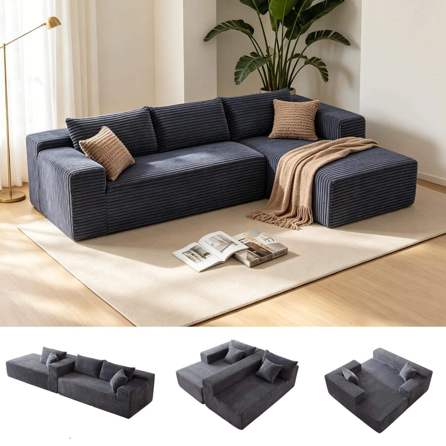 Trygoal 103” L Shaped Boneless Couch Cloud Modular Sectional Sofa, Memory Foam 3 Seater Couch with Oversized Chaise, Comfy Deep Seat Living Room Furniture Set, No Assembly, Dark Grey