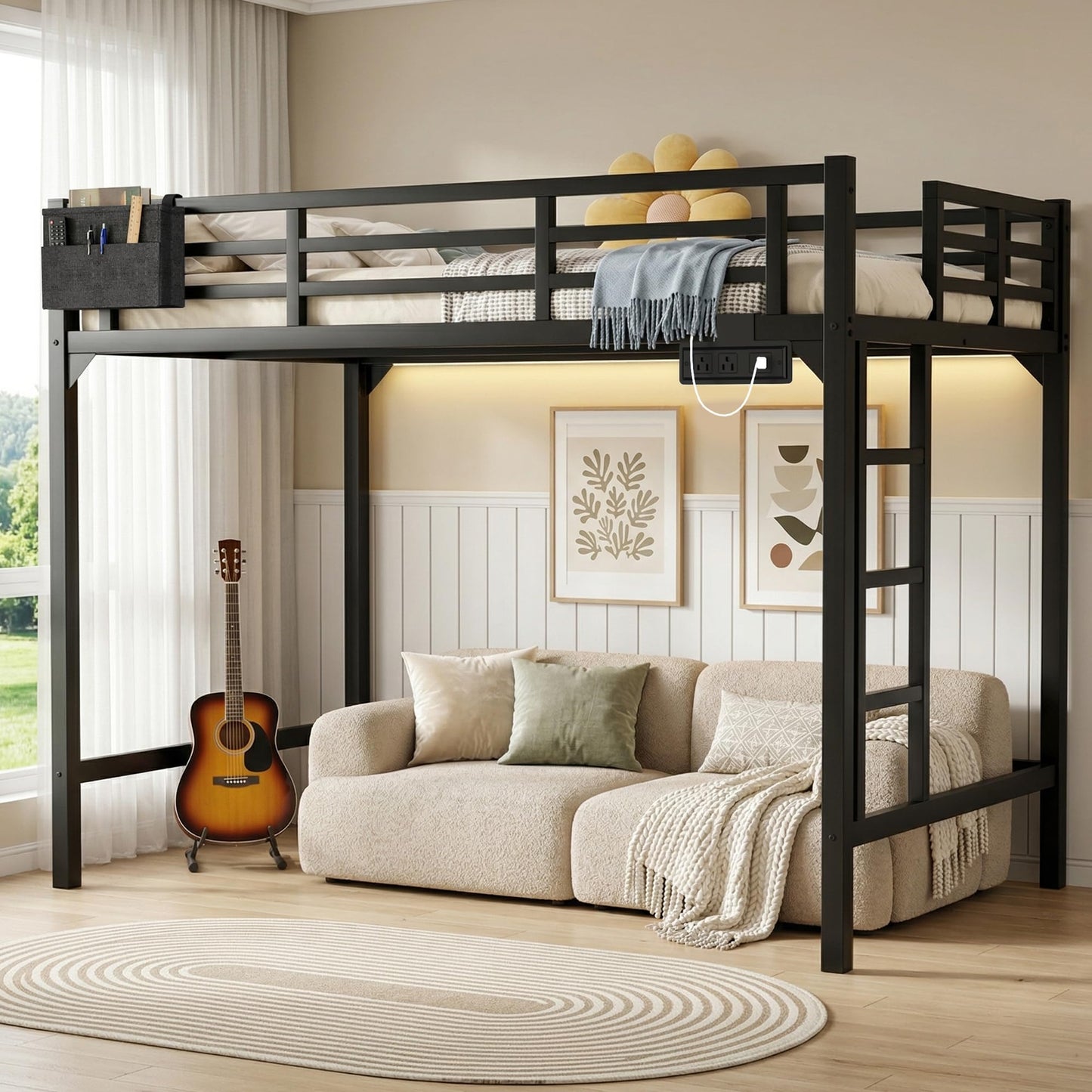 Twin XL Loft Bed with Charging Station & LED Lights, Heavy Duty Metal Bed Frame with Storage Pocket, Ladder and Guardrail Reinforced Twin XL Loft Bed Space-Saving for Adults, Guest Room, Dorm, Black