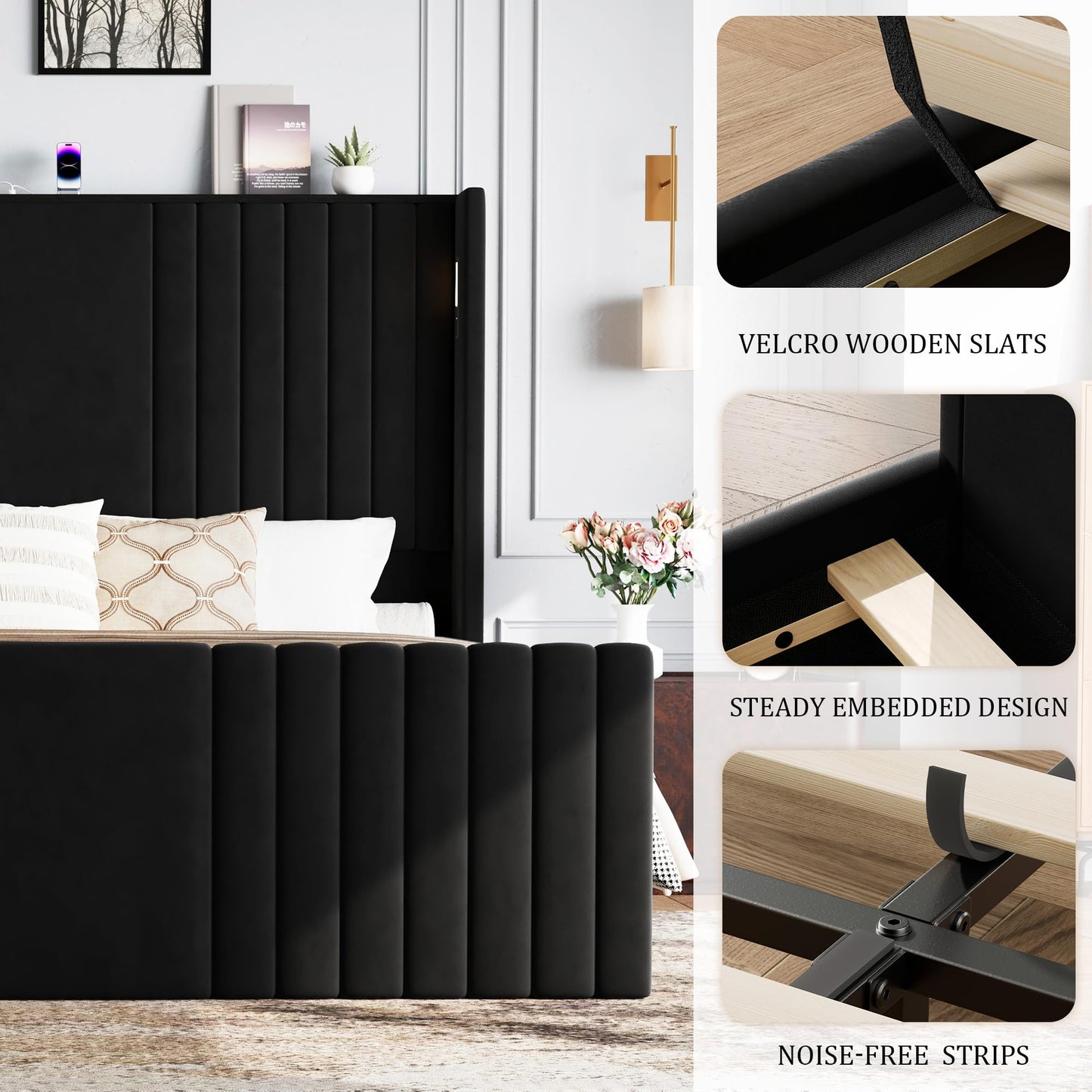 Uteeran King Size Bed Frame with 55.1" Tall Headboard, Velvet Upholstered Platform Bed with Channel Tufted Wingback, 2 Reading Lights/Storage Shelf/Charging Station/Easy Assembly/Noise-Free, Black