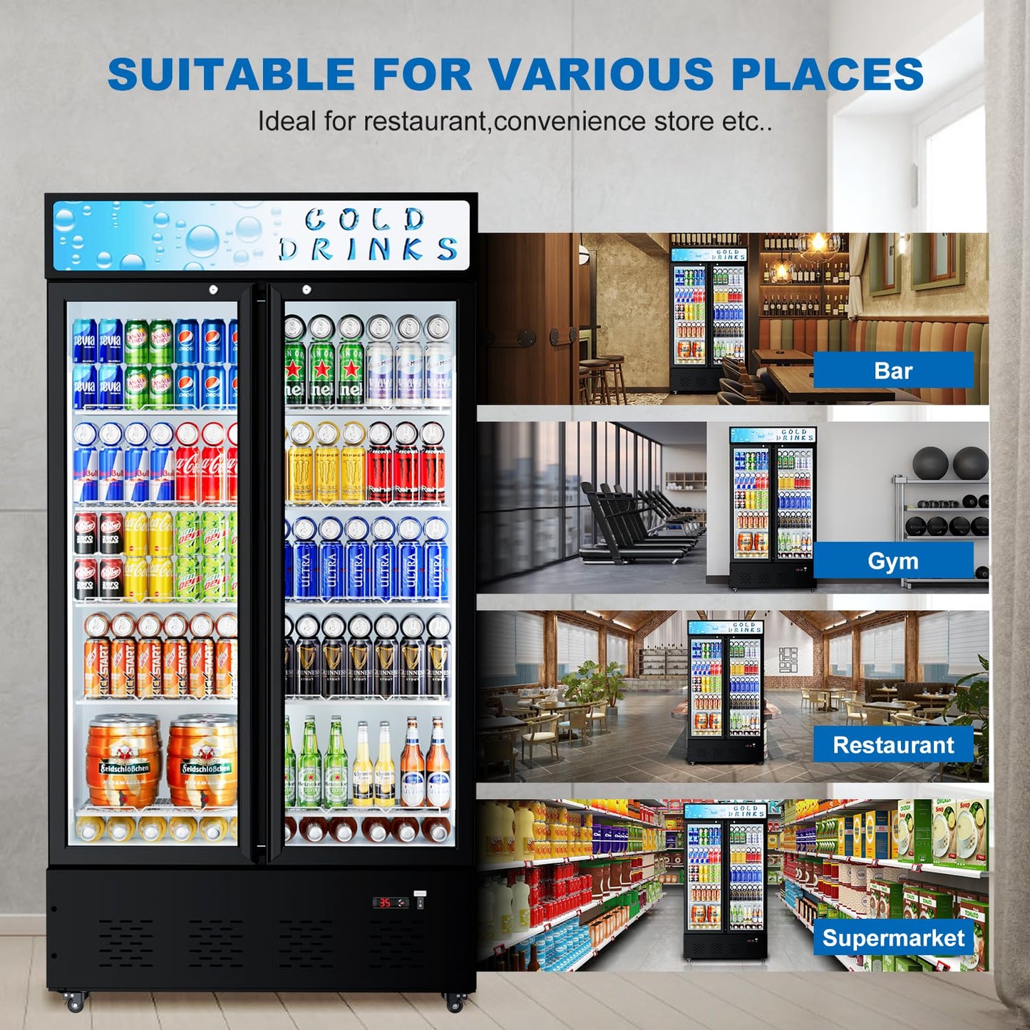 FreezLabs Commercial Display Refrigerator Glass Door 30 cu.ft Cooler Commercial Beverage Refrigerators with LED and 10 Shelves for Cafe, Restaurant, Store