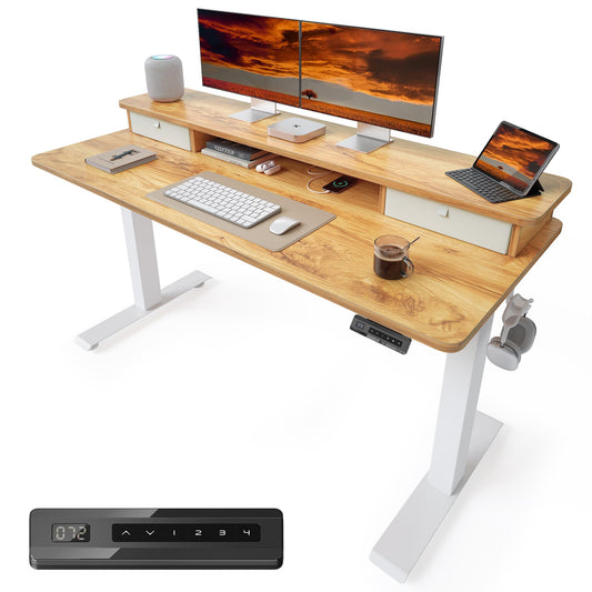 CubiCubi 55 x 24 Inch Electric Height Adjustable Standing Desk with Double Drawers, 4 Adjustable Feet & 2 Hooks, Home Office Computer Workstation, Light Rustic