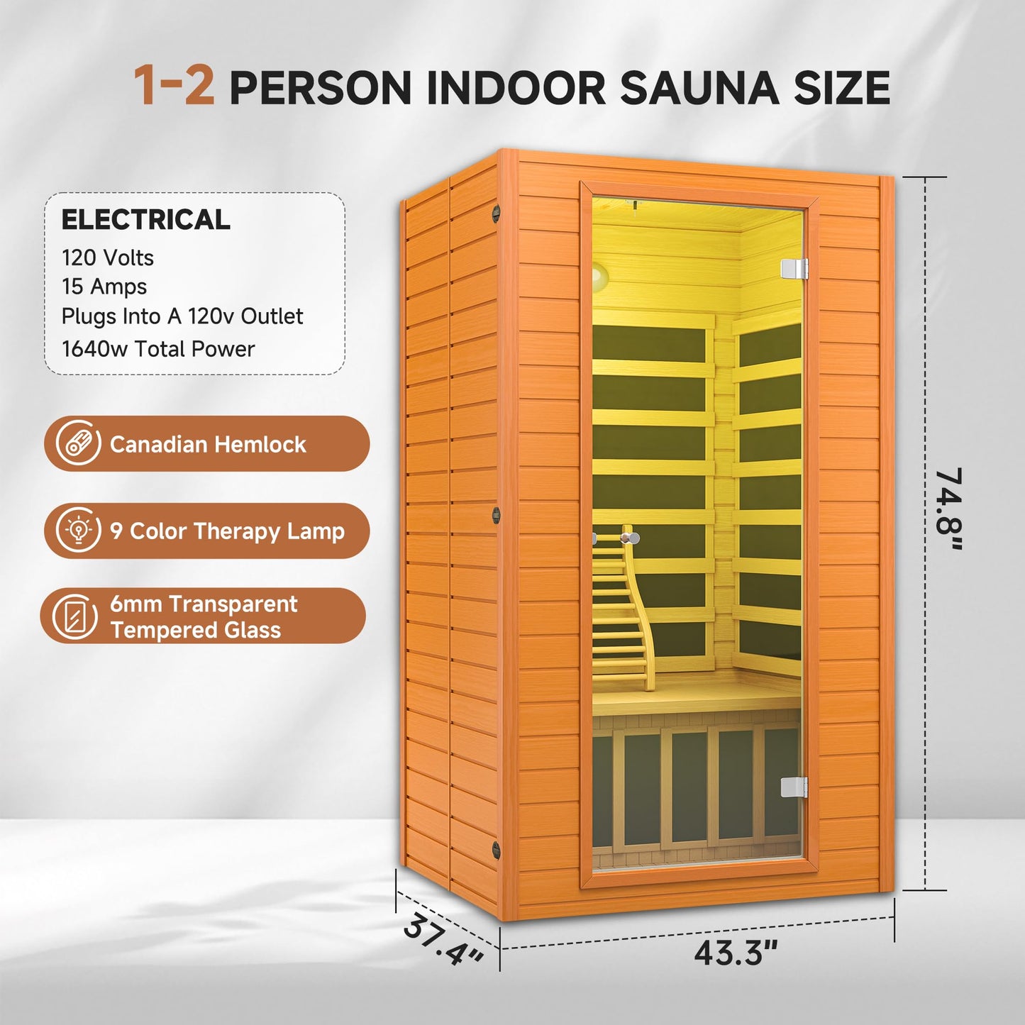 springspa Far Infrared Sauna for Home, Home Infrared Saunas up to 2 Person, Indoor Canadian Hemlock Wood Sauna Room with Near Zero Emf, 9 Chromo Therapy Lights, Bluetooth Speakers for Personal Spa