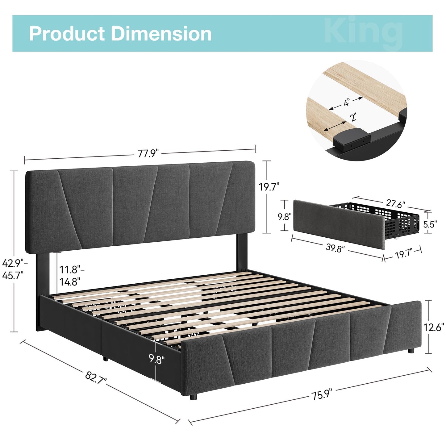King Size Bed Frame with Upholstered Headboard & 4 Storage Drawers with Wheels, Platform Bed Frame with Wooden Slat Support, Adjustable Headboard, No Box Spring Needed, Noise-Free, for Bedroom