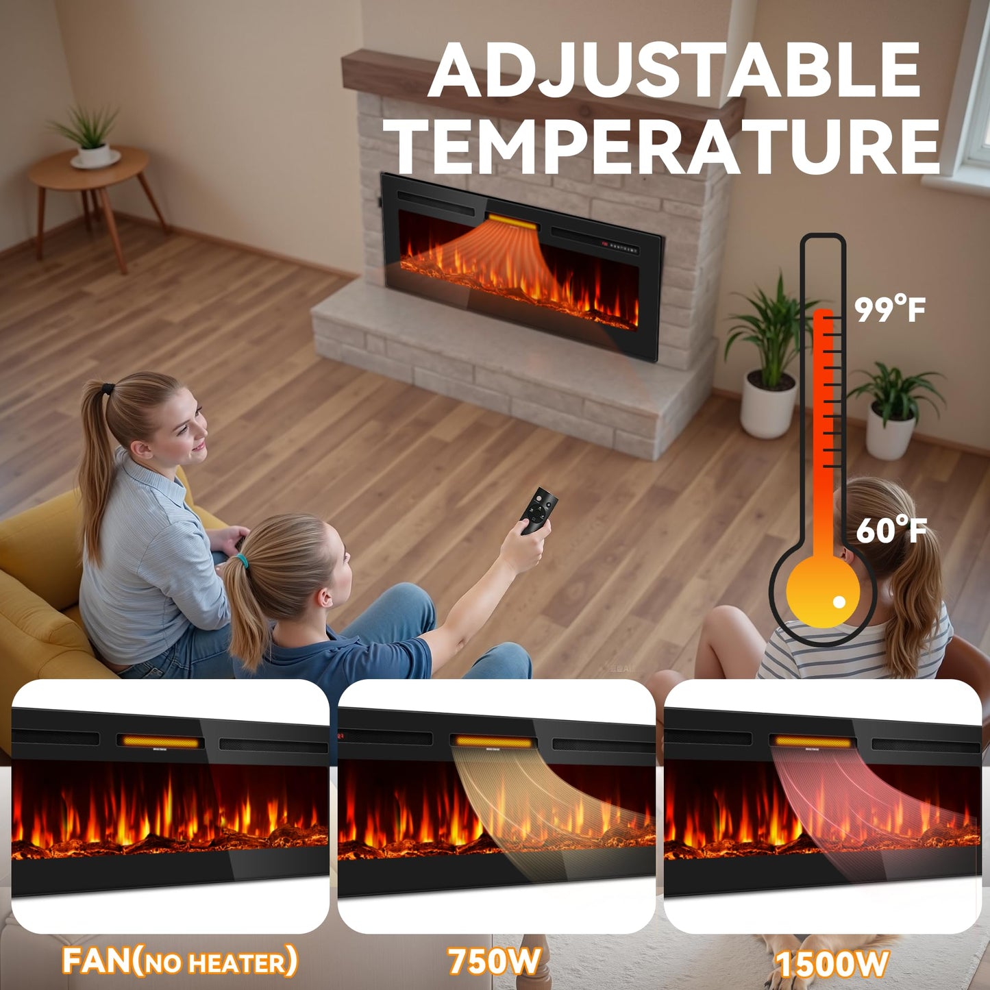 Tehanld 50" Ultra-Thin Electric Fireplace Heater, Recessed Wall Mounted