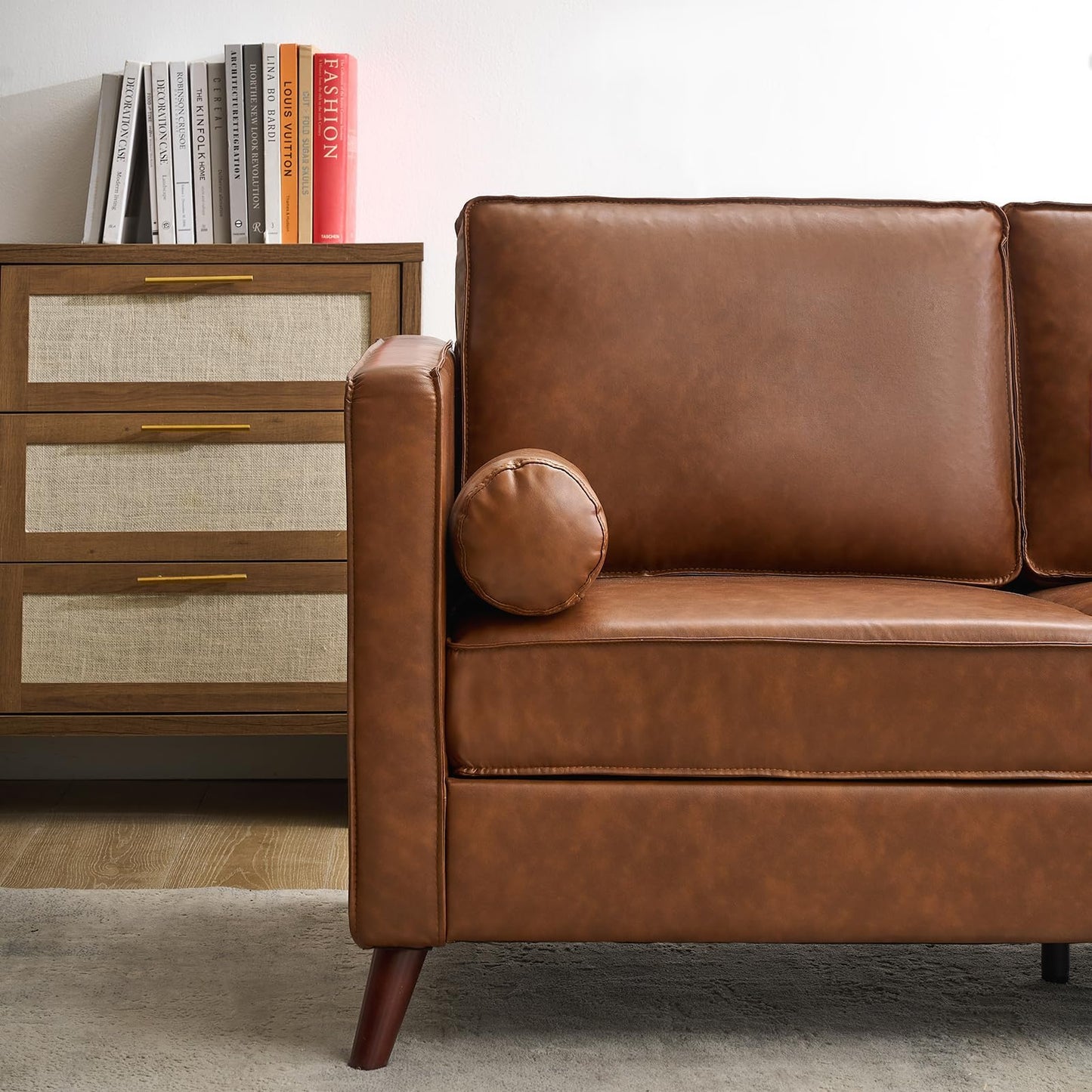 GarveeLife 81" Mid Century Modern PU Leather Sofa, 3 Seater Couch with Deep Seat & Cushions, Faux Leather Living Room Sofa for Apartment, Bedroom, Office, Brown