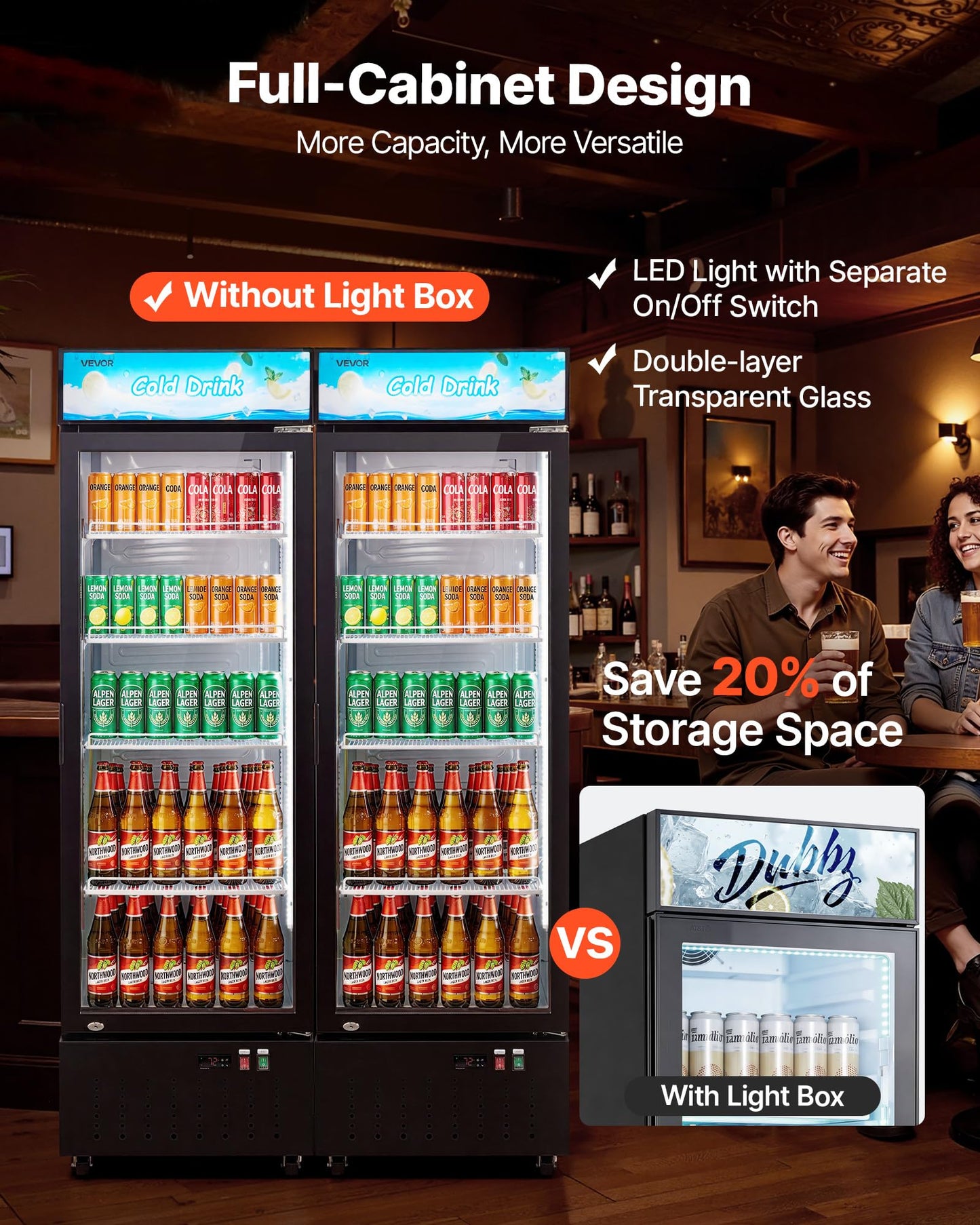 VEVOR Commercial Merchandiser Refrigerator, 12.7 Cu.Ft / 360 L Glass Door Display Refrigerator, Upright Beverage Cooler with Customizable Lightbox, 4 Adjustable Shelves & Soft LED Light for Home Shops