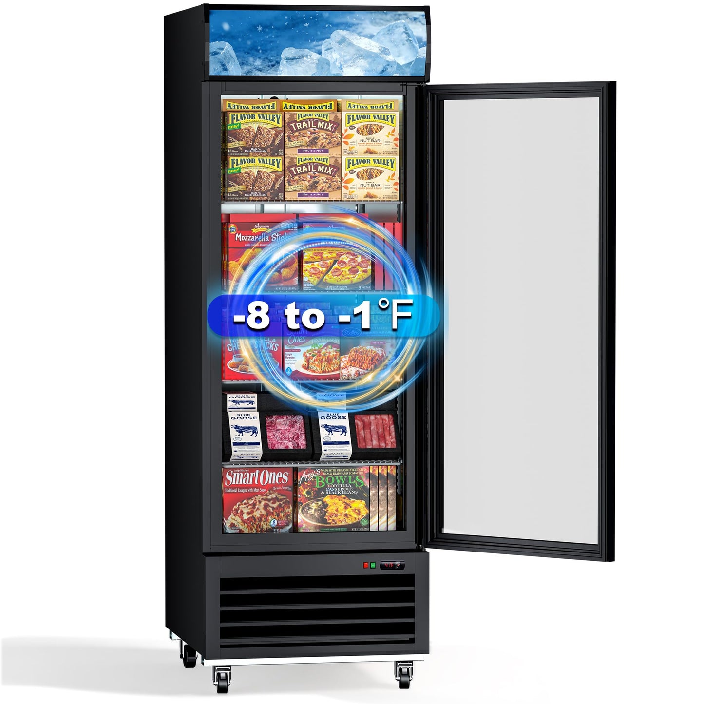 27" Single Door Commercial Display Freezer – 23 Cu.ft Capacity with Digital Temperature Control, Auto Defrost, Top Sign Panel, LED Lighting, Energy Efficient for Supermarket & Grocery Store